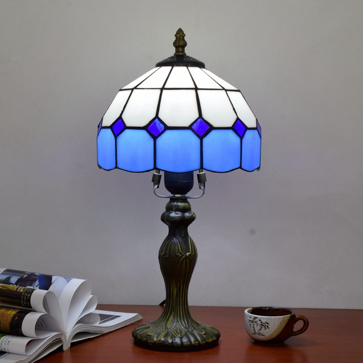 Blue Mediterranean Tiffany Style Desk Lamp - 14.2 Inch Handmade Stained Glass Shade with Resin Base - Perfect for Living Room, Bedside, Coffee Bar & Home Decor