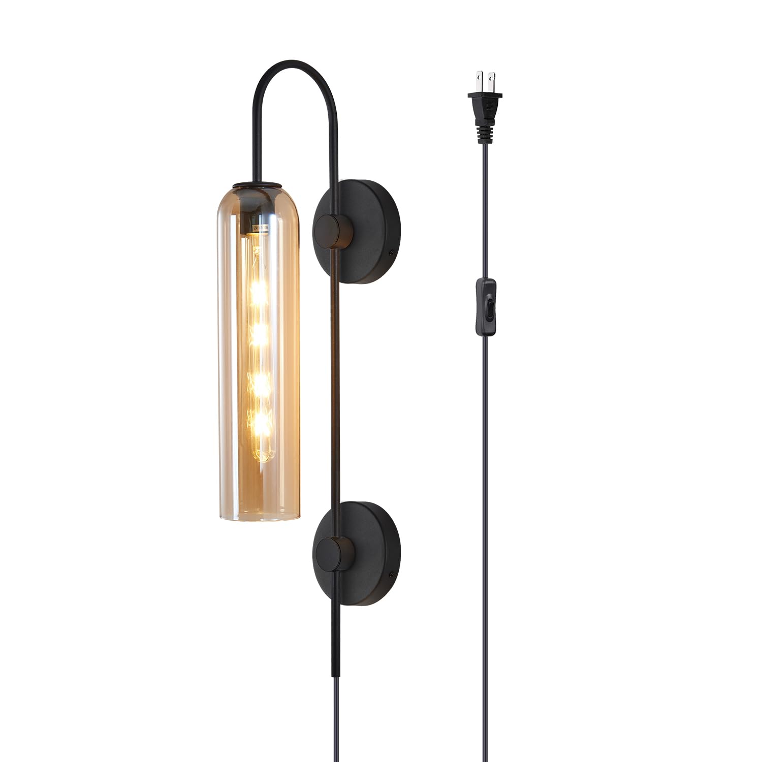 BOKT Modern 1-Light Plug-in Wall Sconce - Farmhouse Matte Black Glass Industrial Wall Mounted Light with Cord - Vintage Bedroom Lamp in Amber - Perfect for Living Room, Hallway & Home Decor