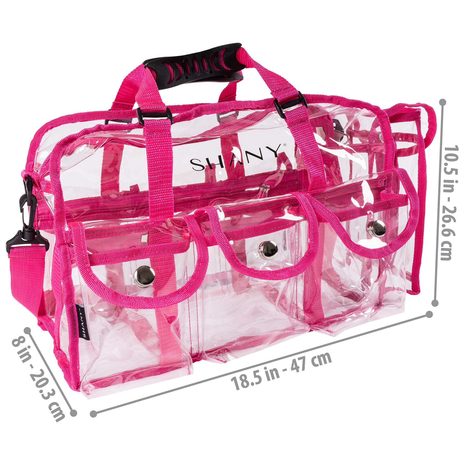 SHANY Clear PVC Makeup Bag - Large Professional Cosmetic Organizer with Shoulder Strap & 5 External Pockets - Pink | Perfect for Travel, Salon & Makeup Artists | Waterproof & Durable Makeup Case for Cosmetics Storage