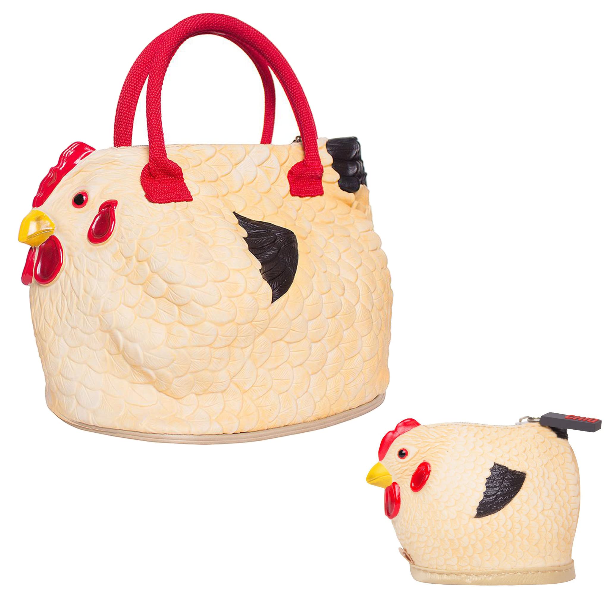 Funny Rubber Chicken Bag & Small Chick Coin Purse Set - Novelty Hen Purse with Zipper for Costume Props, Gag Gifts | Perfect for Teens, Brides, Bachelorette Parties | Yellow Chicken-Themed Accessories (FIC-BB0004S_FIC-GP01408) | Great for Halloween, Pranks, and Themed Parties