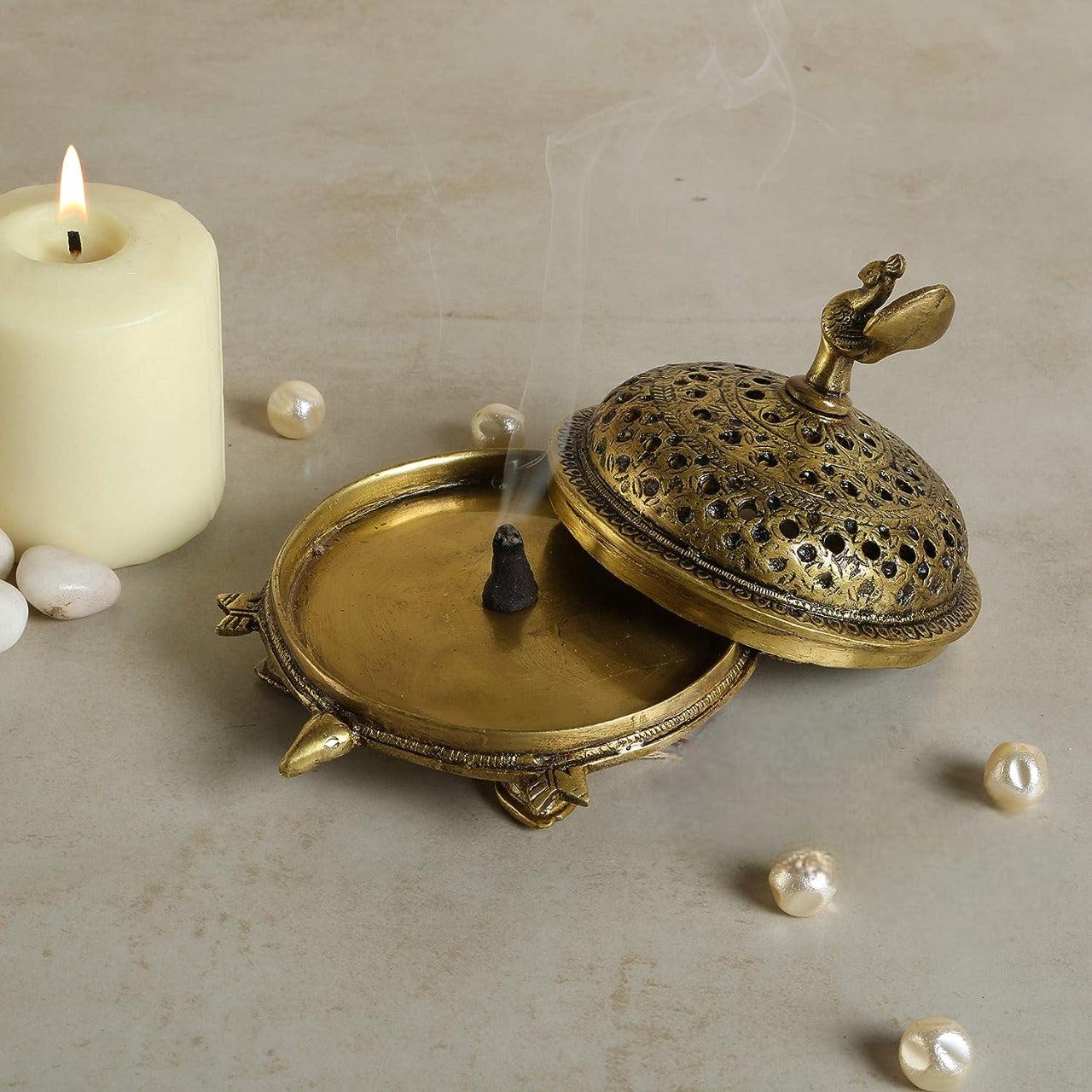 Handcrafted Brass Peacock Incense Burner with 3-Legged Tortoise Stand - Elegant Yellow Home Decor for Meditation, Yoga & Spiritual Practices (Design 139)