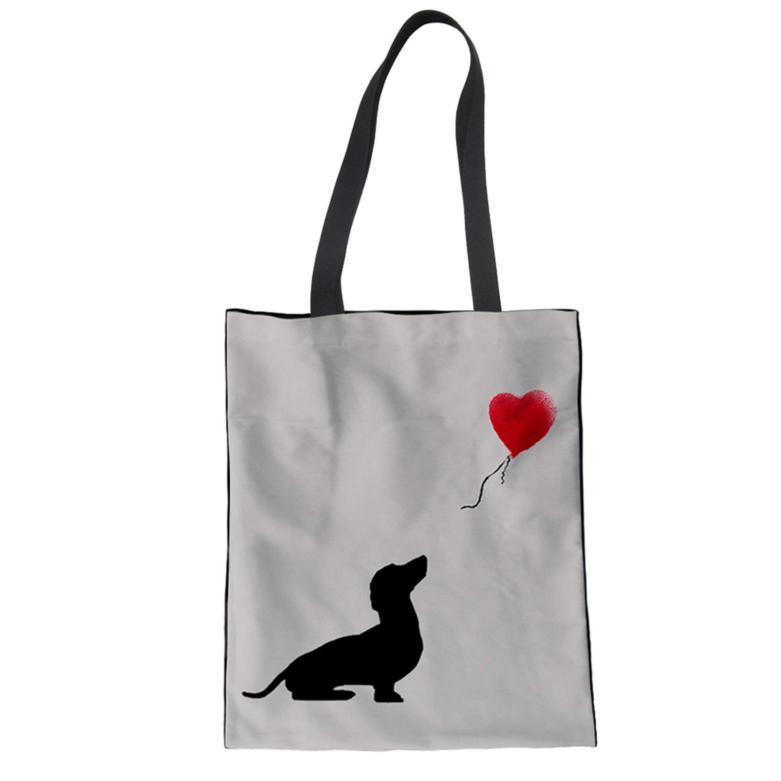WELLYHOM Canvas Tote Bag for Women - Cute Dachshund with Red Heart Print, Solid Grey Cotton Grocery Shopping Bag, School Book Bag for Girls & Teenagers | Perfect for School, Work, Beach & Daily Errands