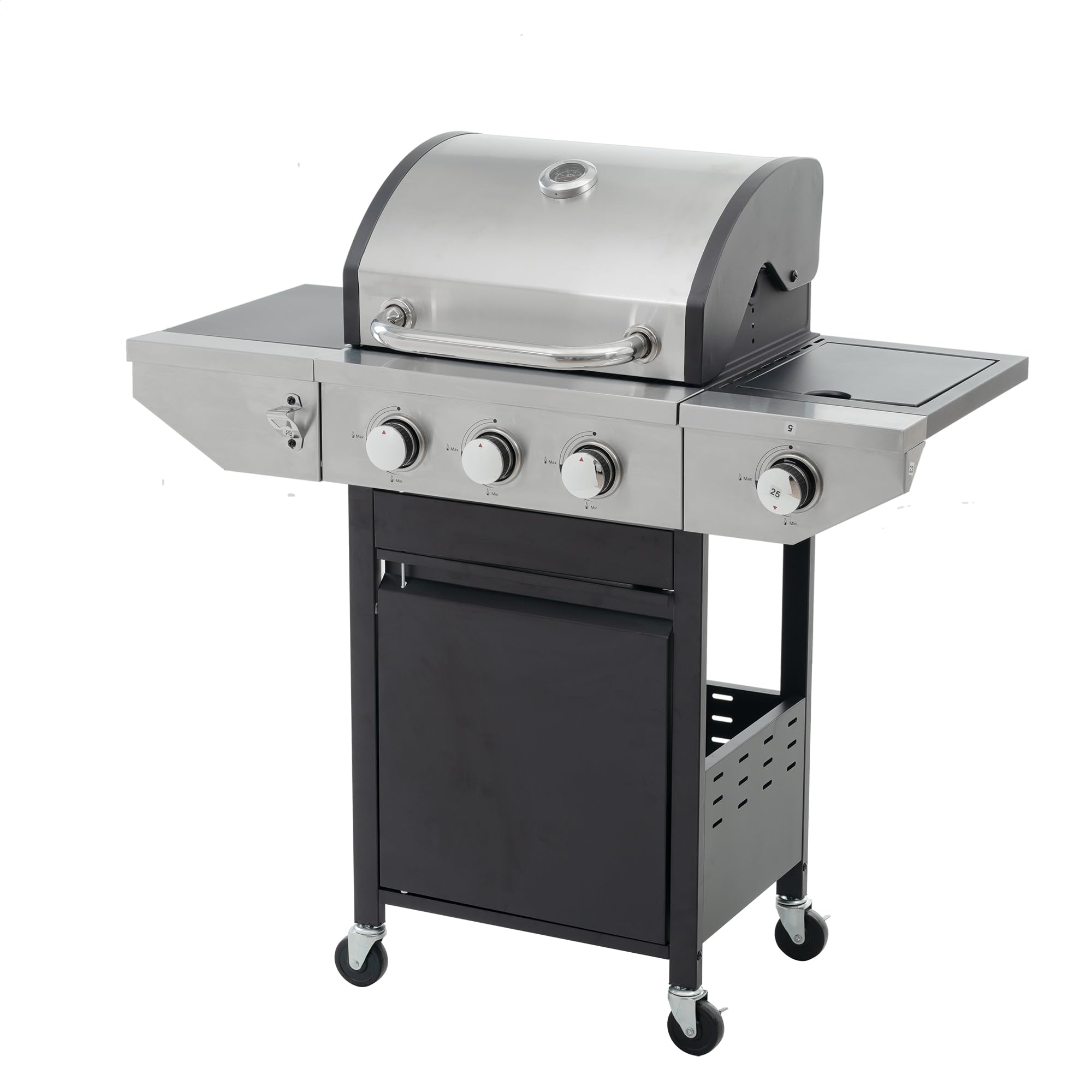 Stainless Steel 3-Burner Propane Gas Grill with Side Burner, Temperature Gauge & Electronic Ignition - 430-Grade Outdoor BBQ Grill with Cast Iron Grids for Backyard, Camping & Tailgating Parties