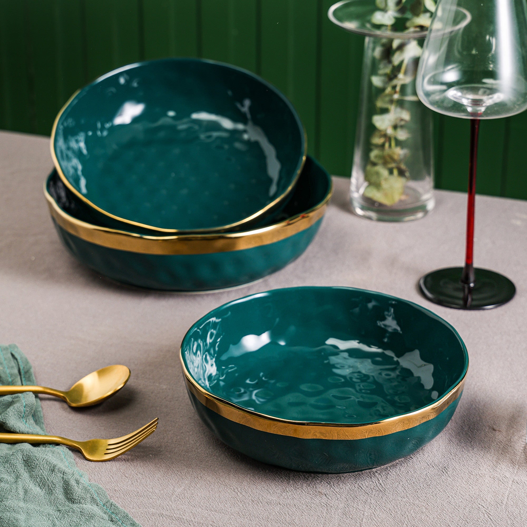 Premium Florian Porcelain Dinnerware Set - 6-Piece Green Serving Bowls for Soup, Salad & Dessert | Elegant Tableware for Home Dining & Entertaining