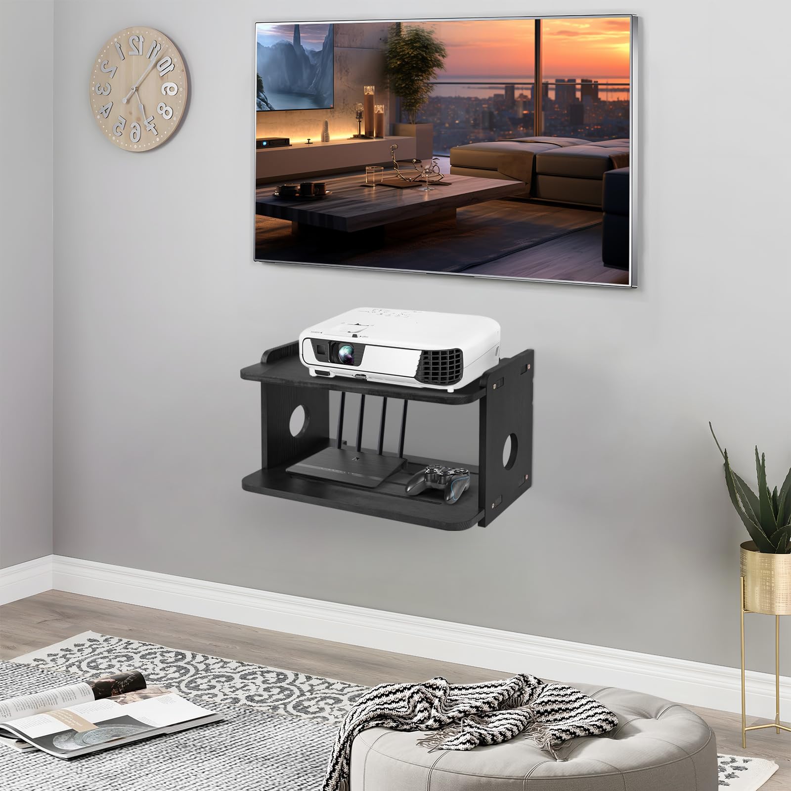 Wooden Projector Wall Mount Shelf - Floating Projector Stand, Rack Holder & Mount for Xbox Series, PS5, PS4 - Router & Modem Storage Box with Cable Management - Perfect for Home Theater & Gaming Setup