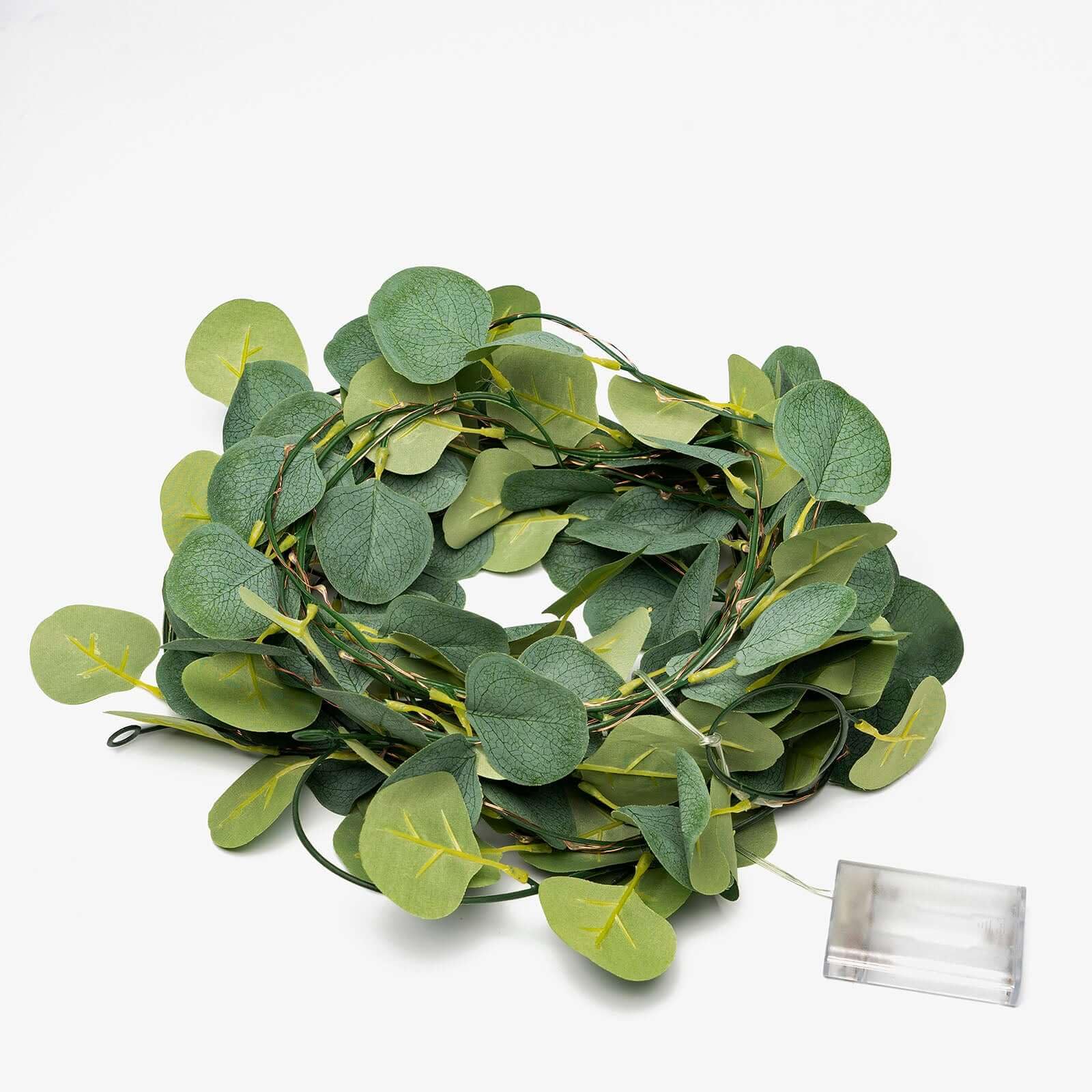 Efavormart 32FT 100 LED Green Artificial Eucalyptus Leaf Garland - Battery Operated Fairy String Lights for Wedding, Party, Garden & Home Decor (Indoor/Outdoor) | Romantic Backdrop, Christmas, Baby Shower & Event Decoration