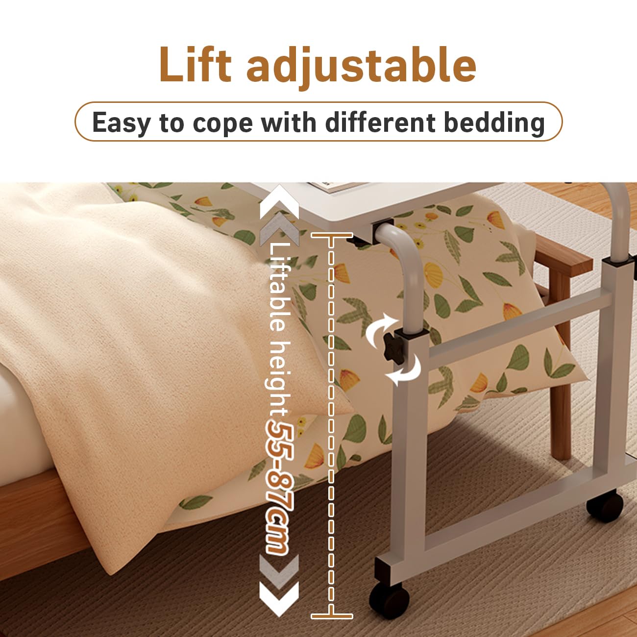 Adjustable Overbed Table with Wheels - Mobile Hospital Bedside Table, Rolling Desk for Queen Size Beds (1.2m-1.8m), Height Adjustable Standing Work Surface - Perfect for Eating, Working, Reading in Bed or Recovery (White)