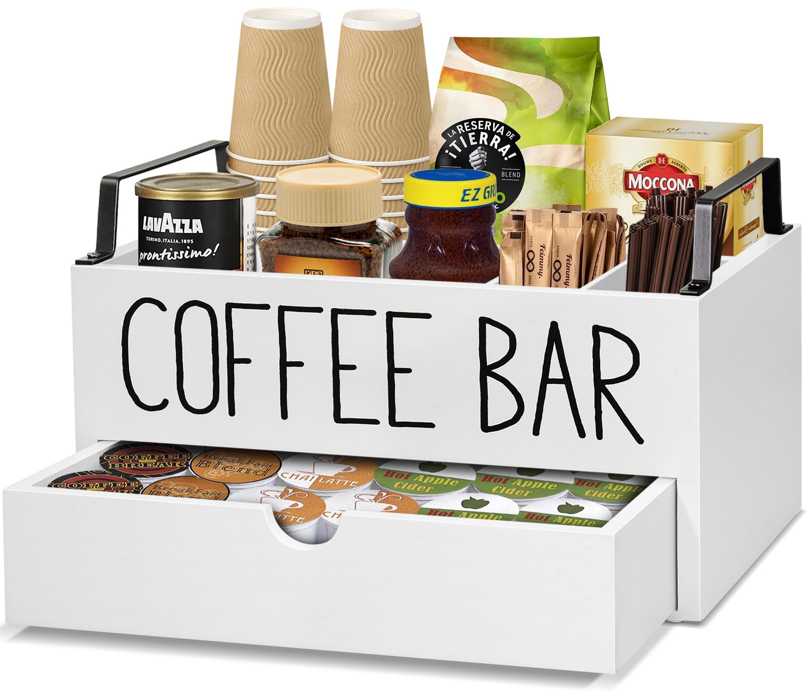 Wooden Coffee Station Organizer with Drawer - Farmhouse Style K-Cup Pod Holder & Storage Box with Handle - Perfect for Coffee Bar Decor & Kitchen Counter Organization - Ideal for Home, Office, or Cafe Use