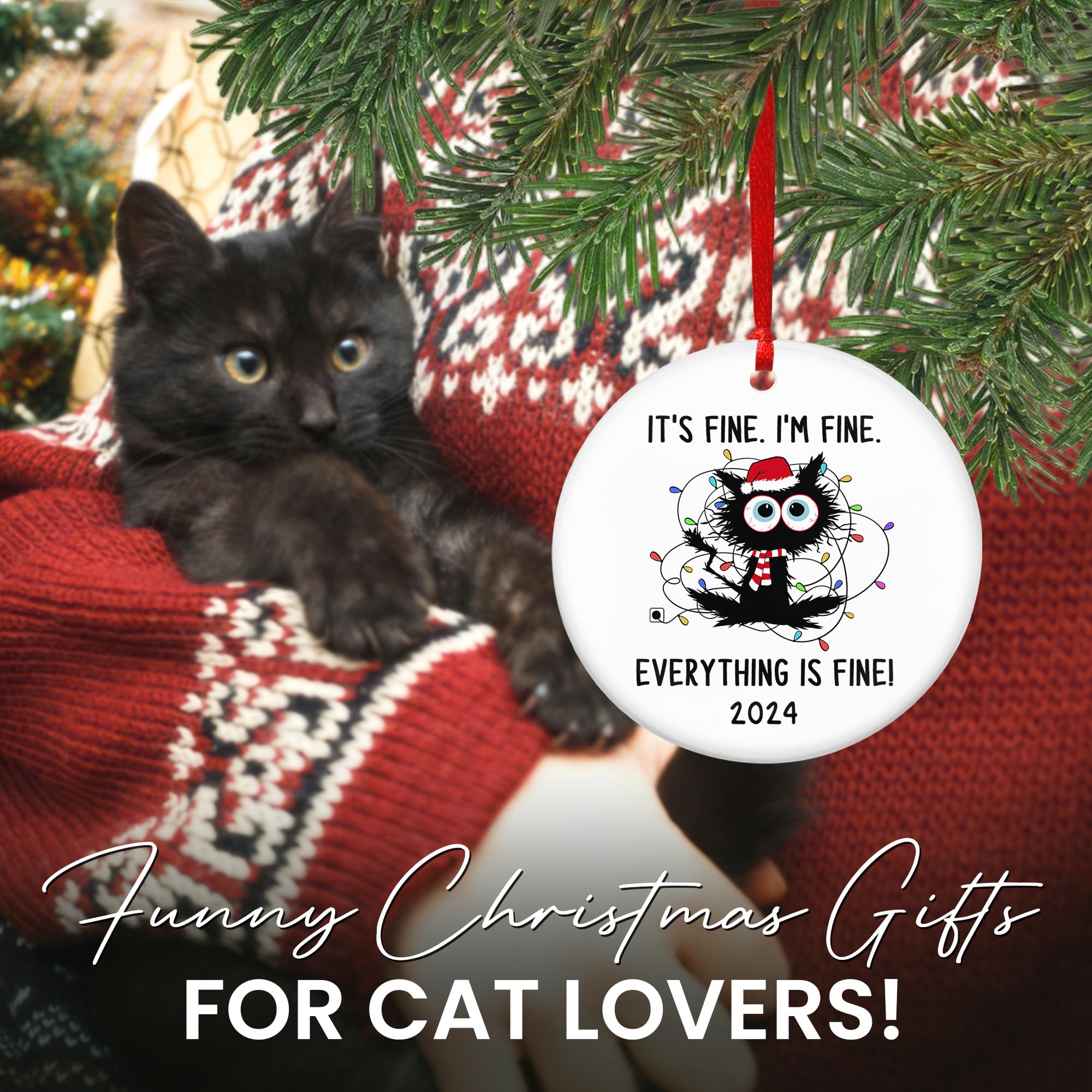 Funny Cat Christmas Ornaments 2024 - Ceramic Black Cat Decor for Cat Lovers | Unique Birthday & Holiday Gifts for Women & Men | Perfect for Tree Decorations, Stocking Stuffers & Cat-Themed Parties