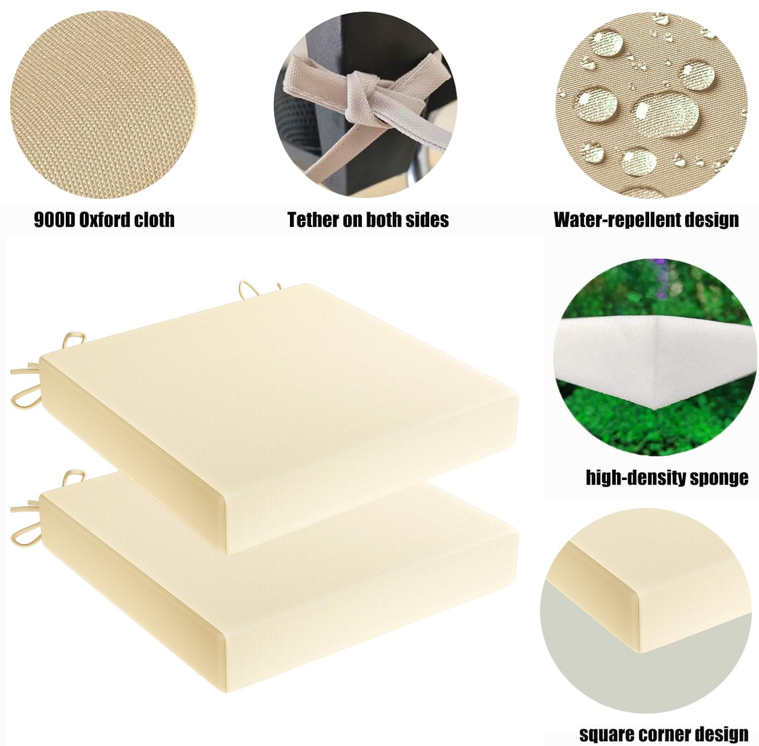 **4-Pack Outdoor Chair Cushions - 17x17x2 Inch Square Memory Foam Seat Cushions with Ties, Khaki - High Density Waterproof & Durable Elastic Sponge for Patio, Garden, Poolside & Deck Chairs**
