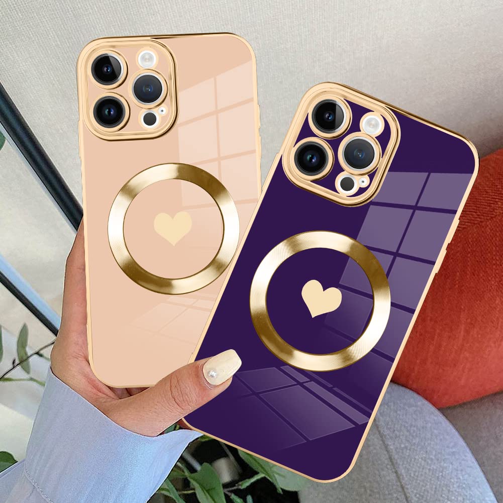 Magnetic iPhone 15 Pro Max Case with Magsafe Compatibility - Luxury Plating Edge Bumper & Full Camera Protection, Cute Love Design in Purple (6.7 Inch) - Perfect for Everyday Use, Travel & Wireless Charging