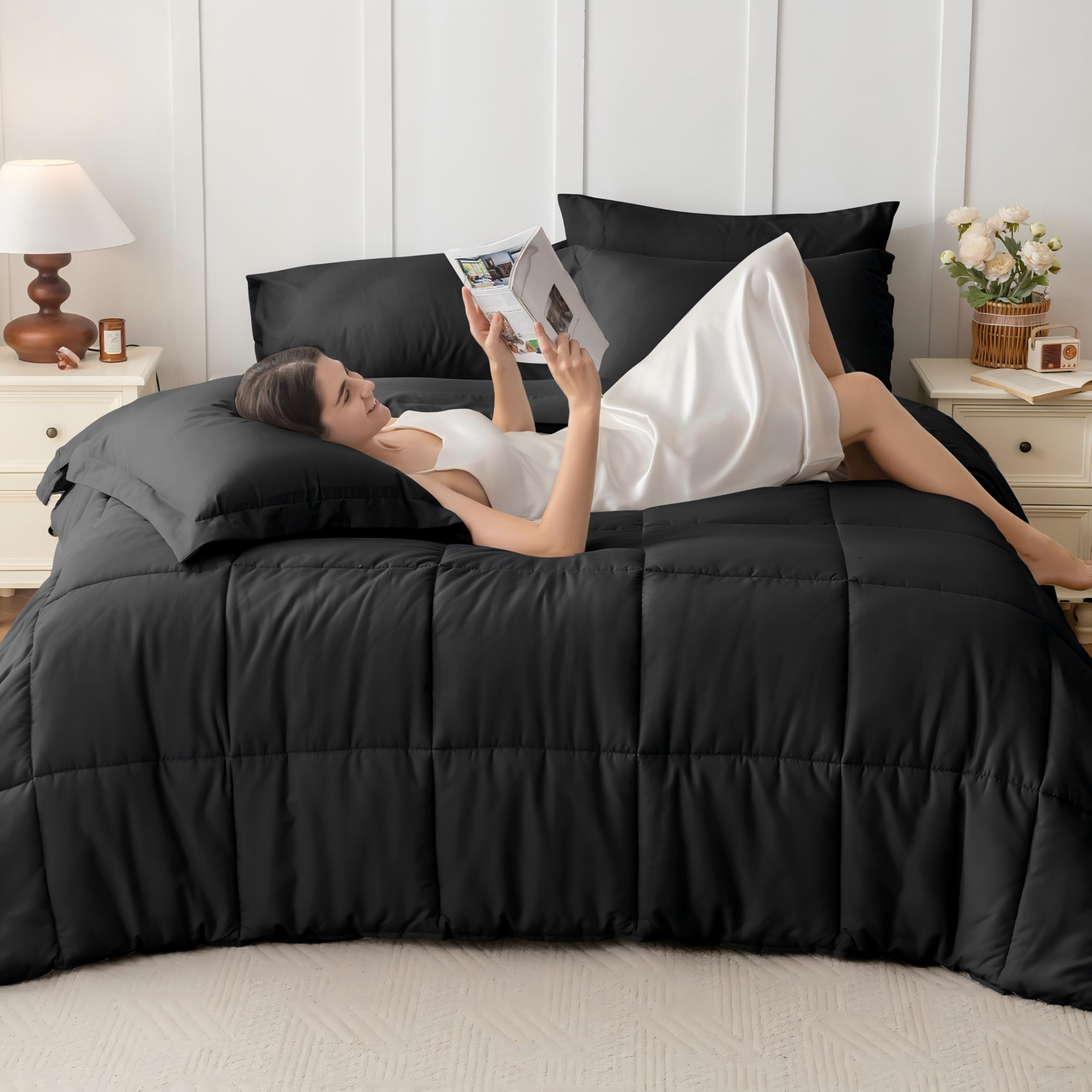 JOLLYVOGUE 7-Piece Queen Comforter Set - Ultra Soft Black Bed in a Bag | Goose Down Alternative | Premium 1800 Series with Comforter, Sheets, Shams & Pillowcases - Perfect for Master Bedroom, Guest Room & Cozy Home Decor