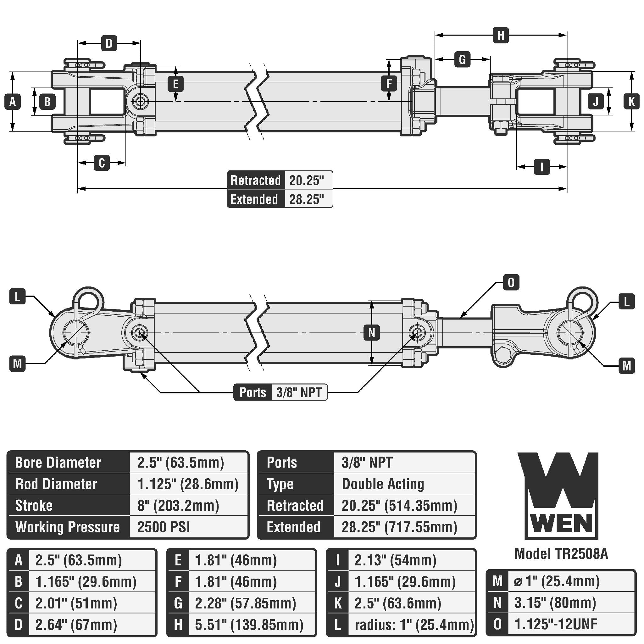 WEN TR2508A 2500 PSI ASAE Tie Rod Hydraulic Cylinder - 2.5 Inch Bore, 8 Inch Stroke for Industrial Machinery, Construction Equipment, and Agricultural Applications
