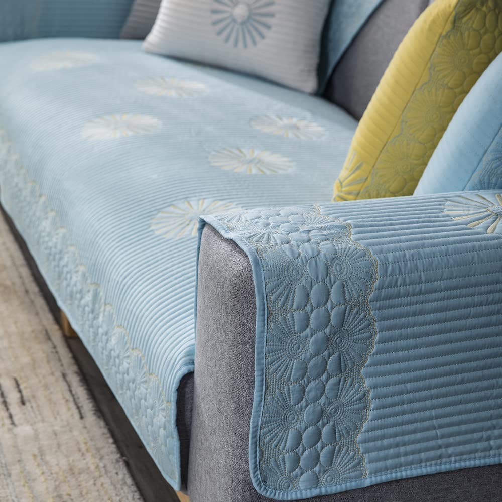 QUNLIPAI Blue Embroidered Cotton Linen Sofa Cover 110x180cm - Stretchable Couch Protector for Living Room, Bedroom, and Office Furniture Decor
