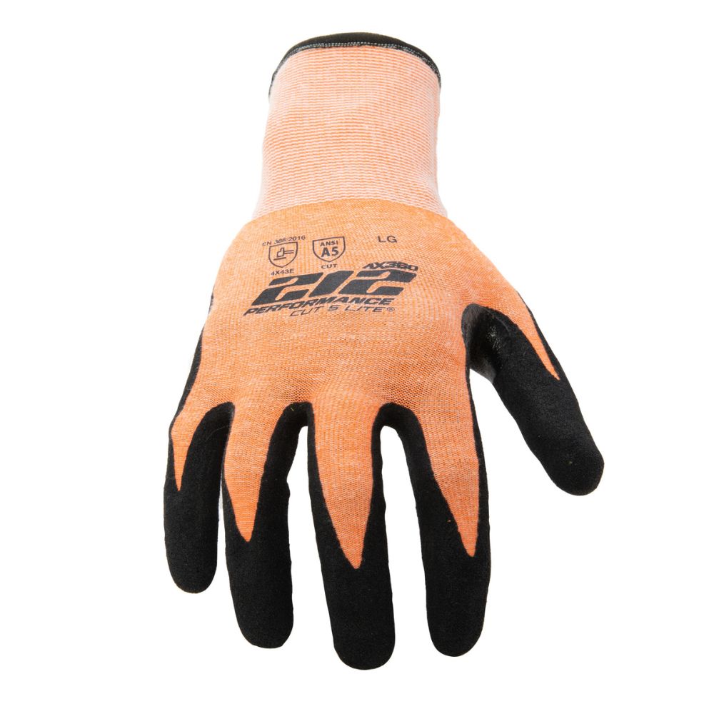 212 Performance AXA5 09 009 AX360 Seamless Foam Nitrile Dipped Cut Resistant Hi-Viz Gloves (EN Level E, ANSI A5) - Medium Orange - Ideal for Construction, Welding & Industrial Safety Work