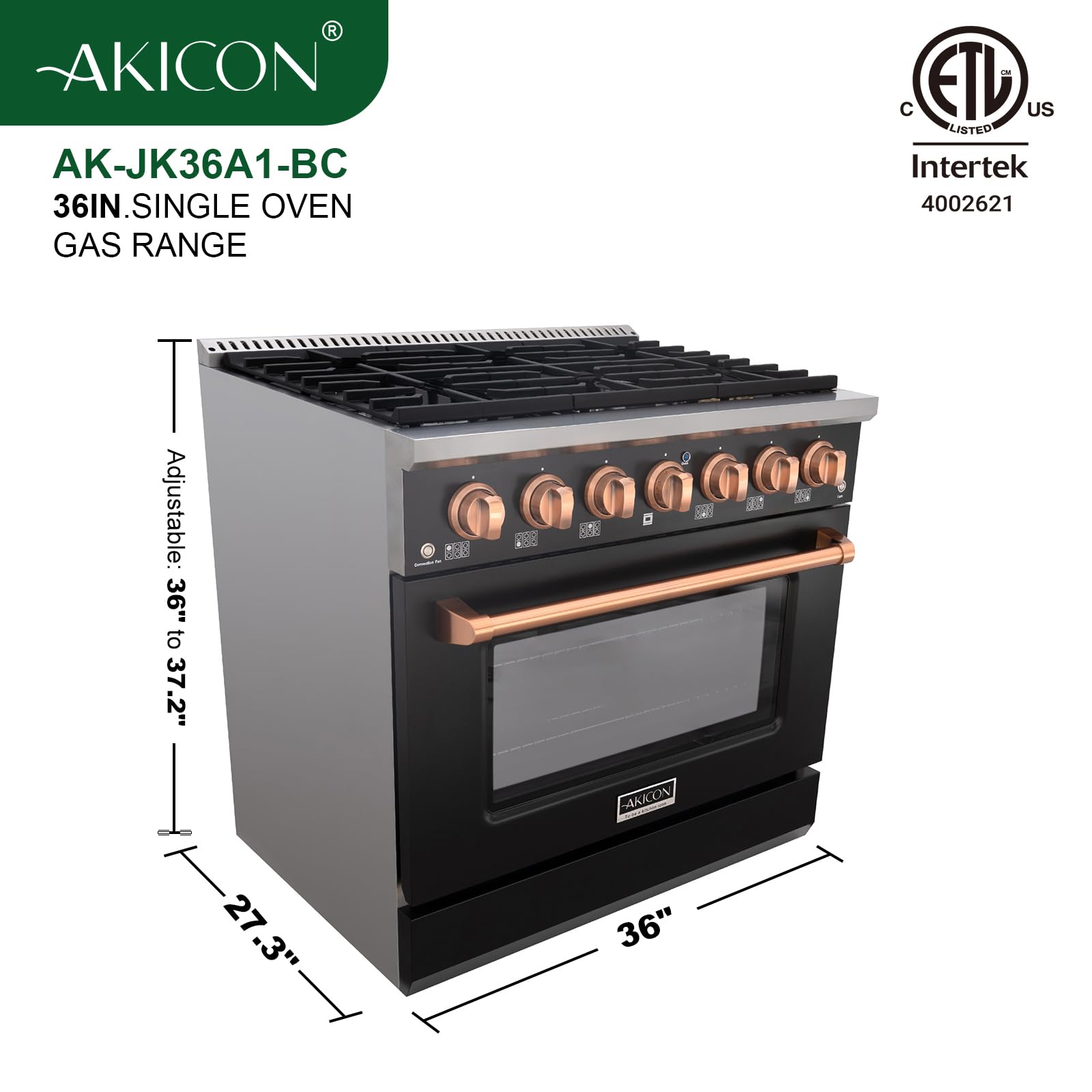 Akicon 36 Inch Freestanding Gas Range - 6 Sealed Burner Gas Stove with Heavy Duty Cast Iron Grates | 5.2 cu.ft Rapid Convection Oven | Blue Porcelain Interior (Black & Copper) | Perfect for Home Kitchen, Restaurant & Commercial Cooking