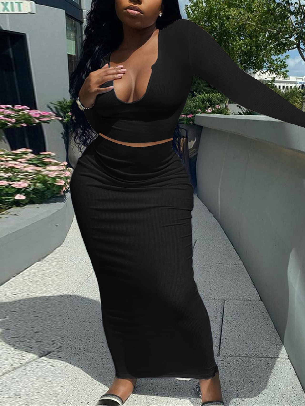 Sexy Women's Two Piece Skirt Outfit - Long Sleeve & Sleeveless V Neck Bodycon Ribbed Knit Maxi Dress for Club, Party & Night Out