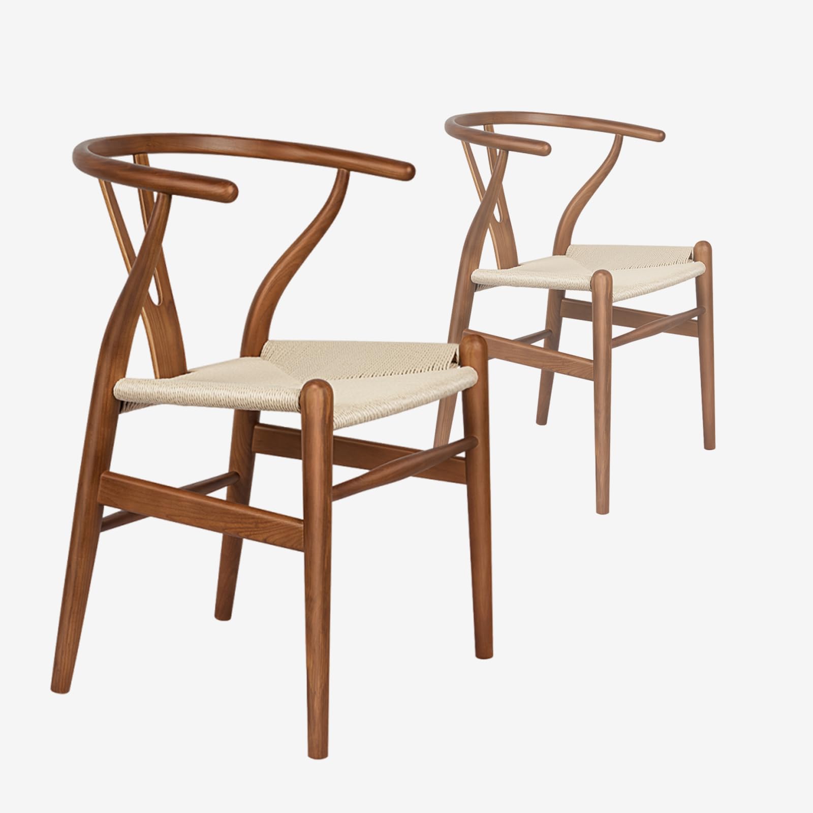 Natural Solid Wood Wishbone Chair - Hans Vegner Inspired Y Chair with Rattan & Wood Armrests (Ash Wood/Walnut, Set of 2) - Perfect for Dining Room, Kitchen, and Modern Home Decor