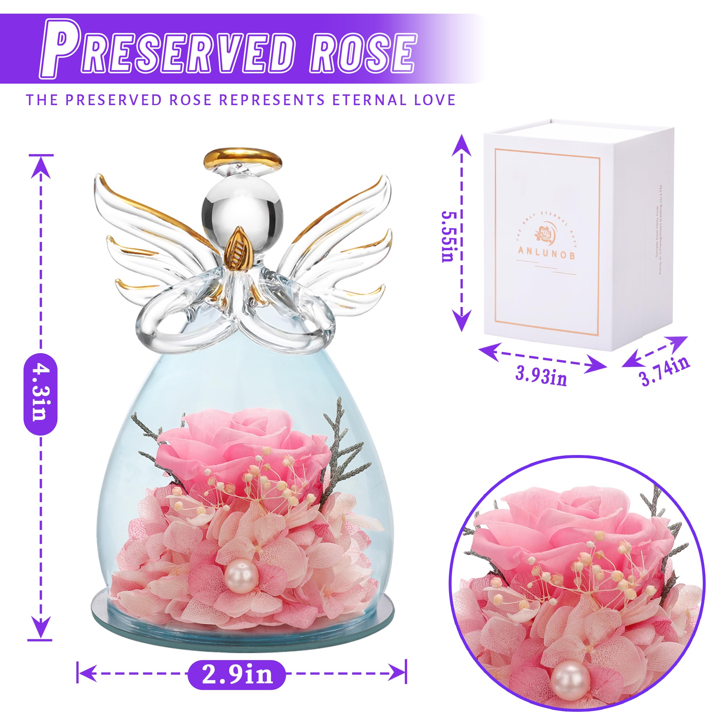 ANLUNOB Preserved Rose in Glass Dome with Angel Figurine - Romantic Birthday Gift for Women, Wife & Girlfriend | Eternal Pink Rose Flower Keepsake for Home Decor, Wedding Anniversary & Valentine's Day Present