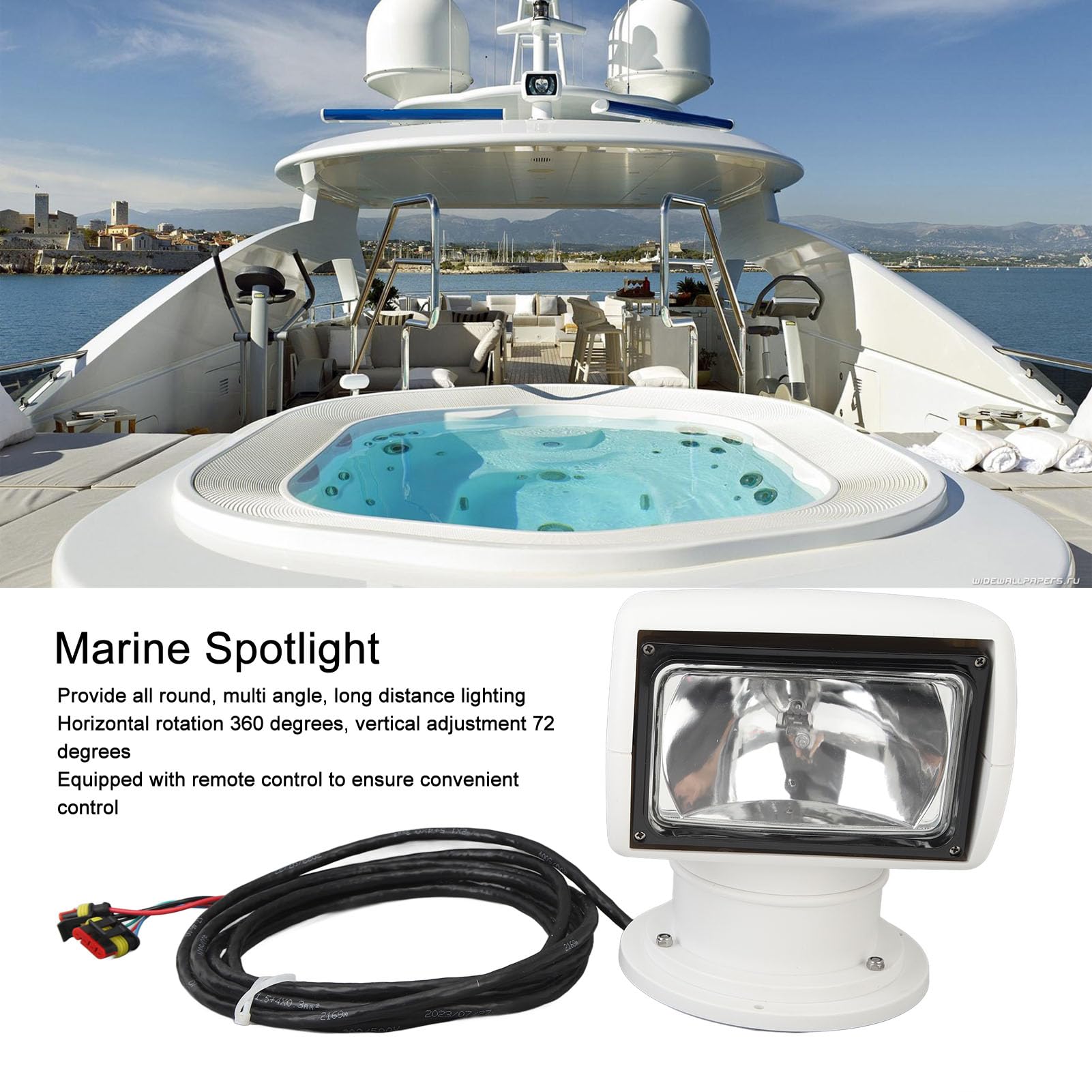 360° Rotating IP67 Waterproof Marine Spotlight - Halogen Searchlight with Remote Control for Yachts & Fishing Boats (12V) | Oxidation Resistant, Omnidirectional Lighting | Perfect for Night Navigation, Offshore Fishing & Emergency Situations