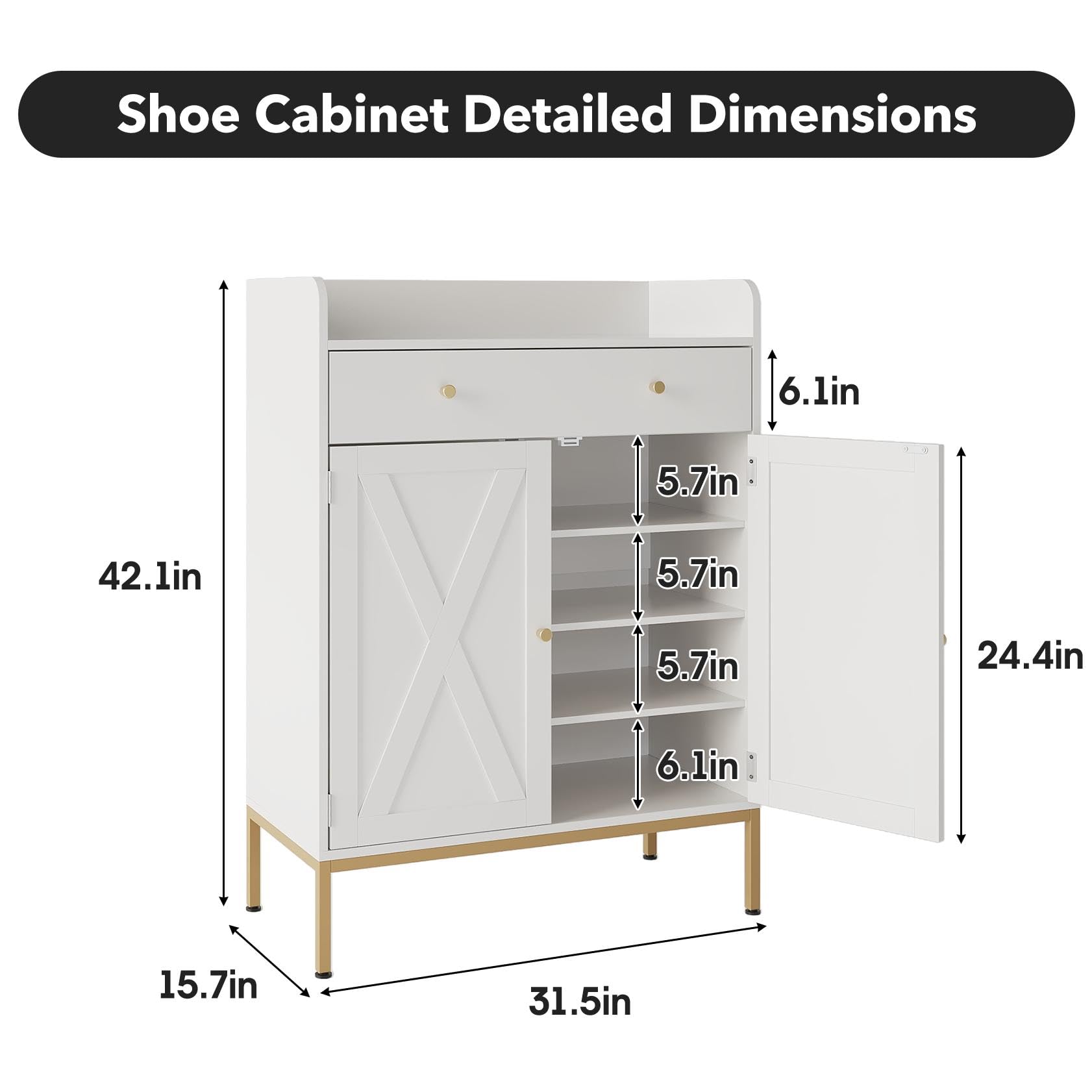 Maupvit 20-Pair Shoe Storage Cabinet with Doors & Drawers - Adjustable Shelves, Metal Legs, 43