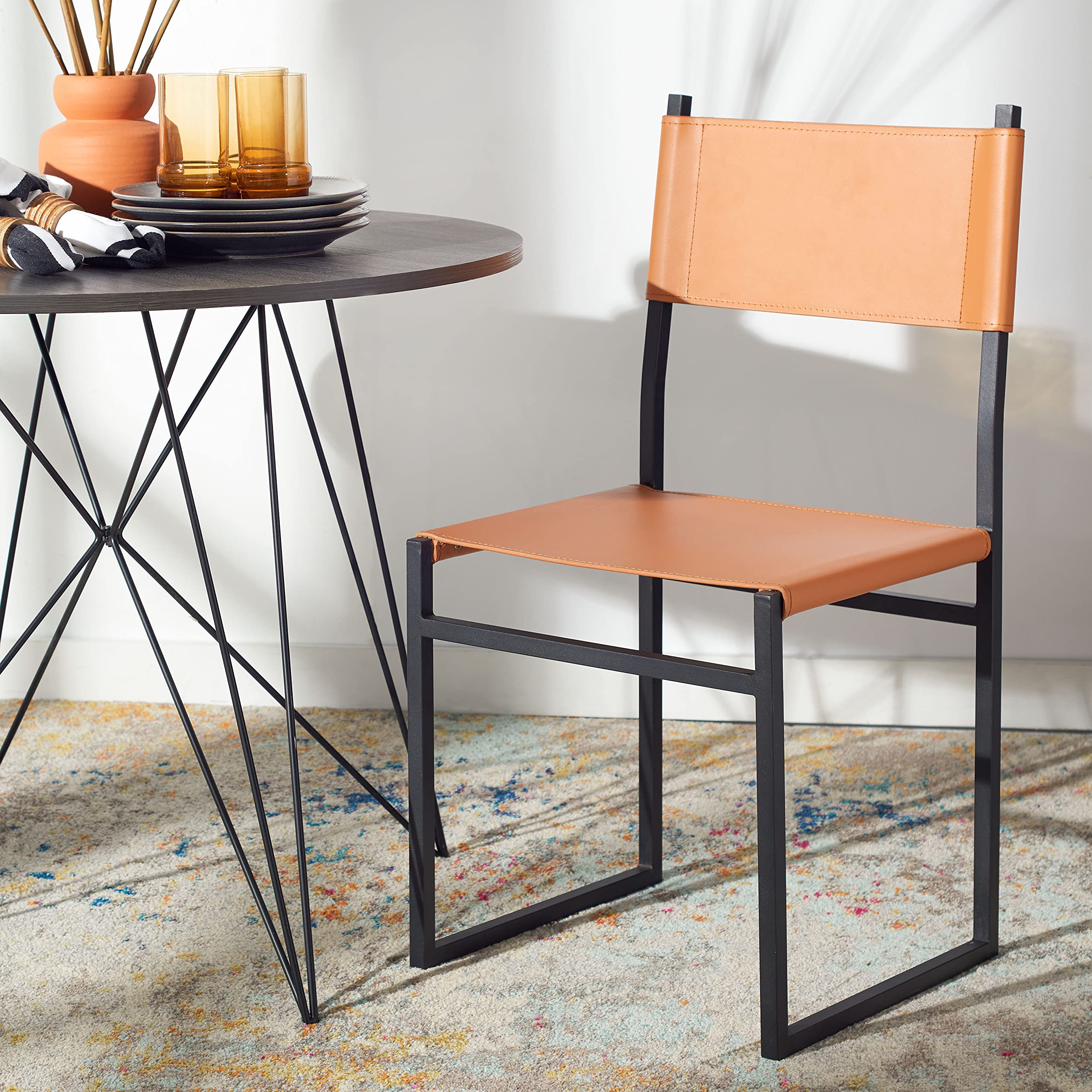 SAFAVIEH Layne Cognac Brown & Black Accent Chair for Living Room & Dining Room - Fully Assembled Modern Home Decor - Perfect for Small Spaces, Apartments & Cozy Corners