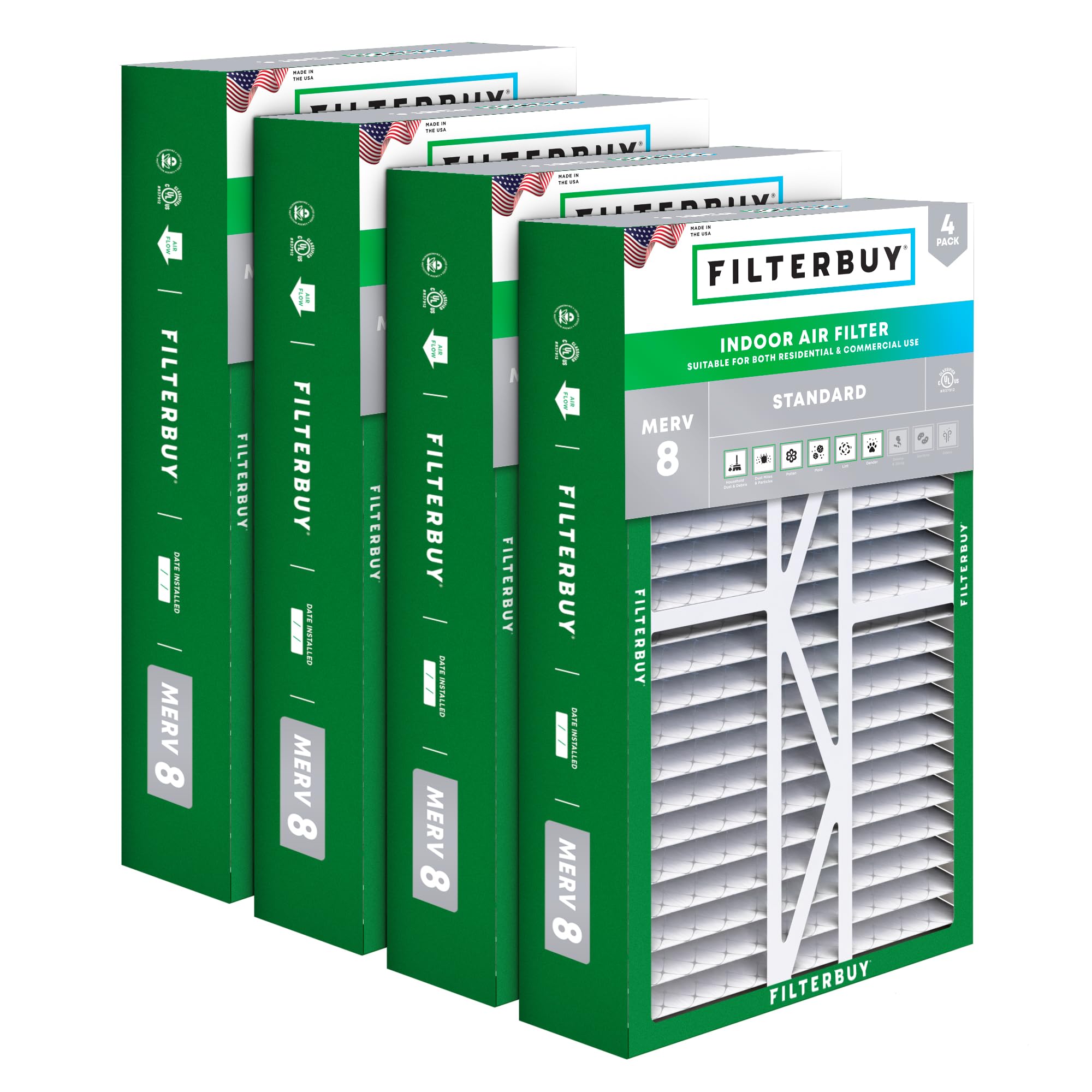 Filterbuy 16x25x5 MERV 8 Pleated Air Filter 4-Pack - High Efficiency HVAC Furnace AC Filters for Amana, Coleman, Goodman, Maytag, York - Actual Size 15.38x25.50x5.25 Inches - Perfect for Home, Office & Commercial Air Purification
