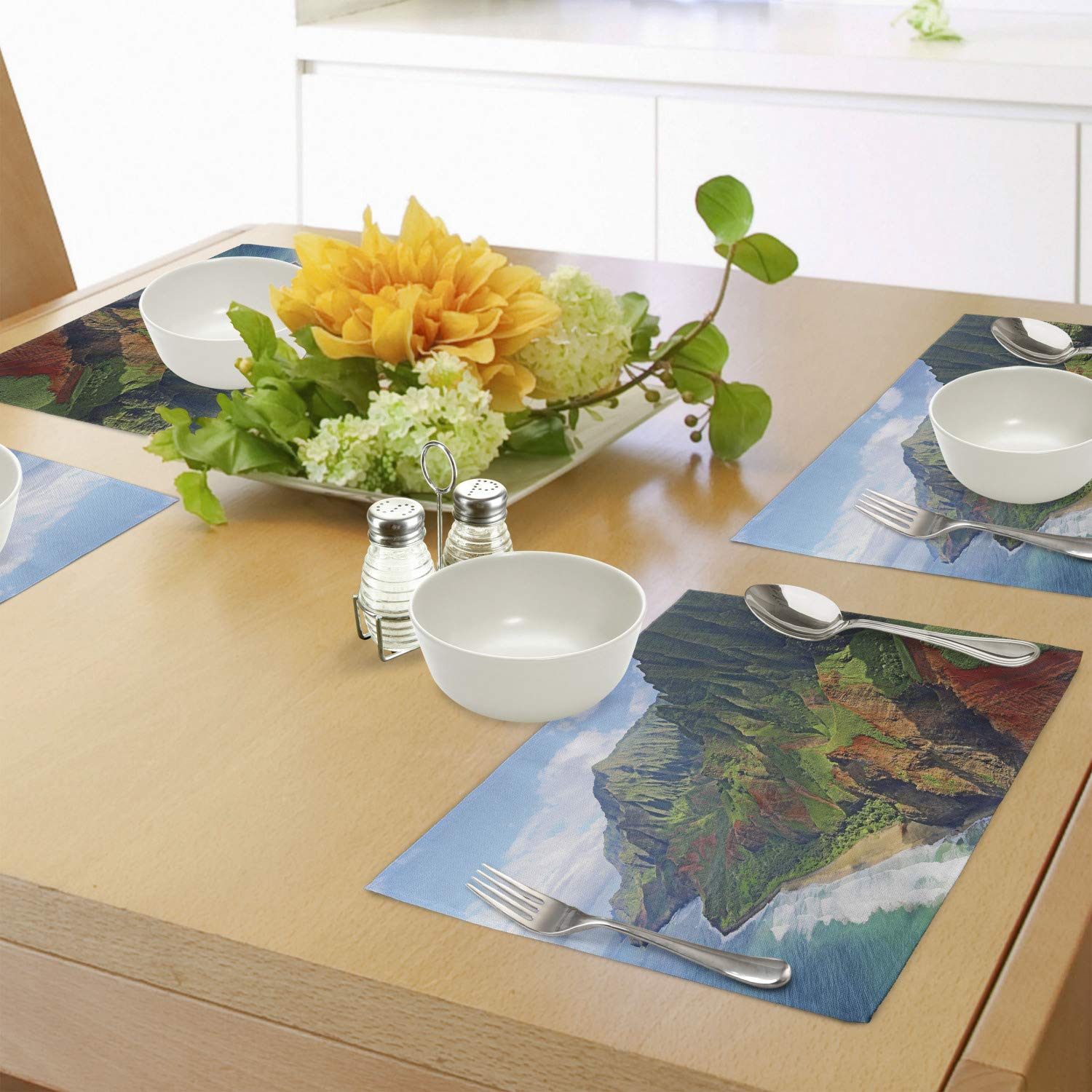 Ambesonne Hawaiian Place Mats Set of 4 - Na Pali Coast Kauai Hawaii Seascape Design, Washable Fabric Table Mats for Dining Room & Kitchen Decor (Green, Redwood, Blue) - Perfect for Tropical Themed Parties, Beach House Dining, and Vacation Home Decor
