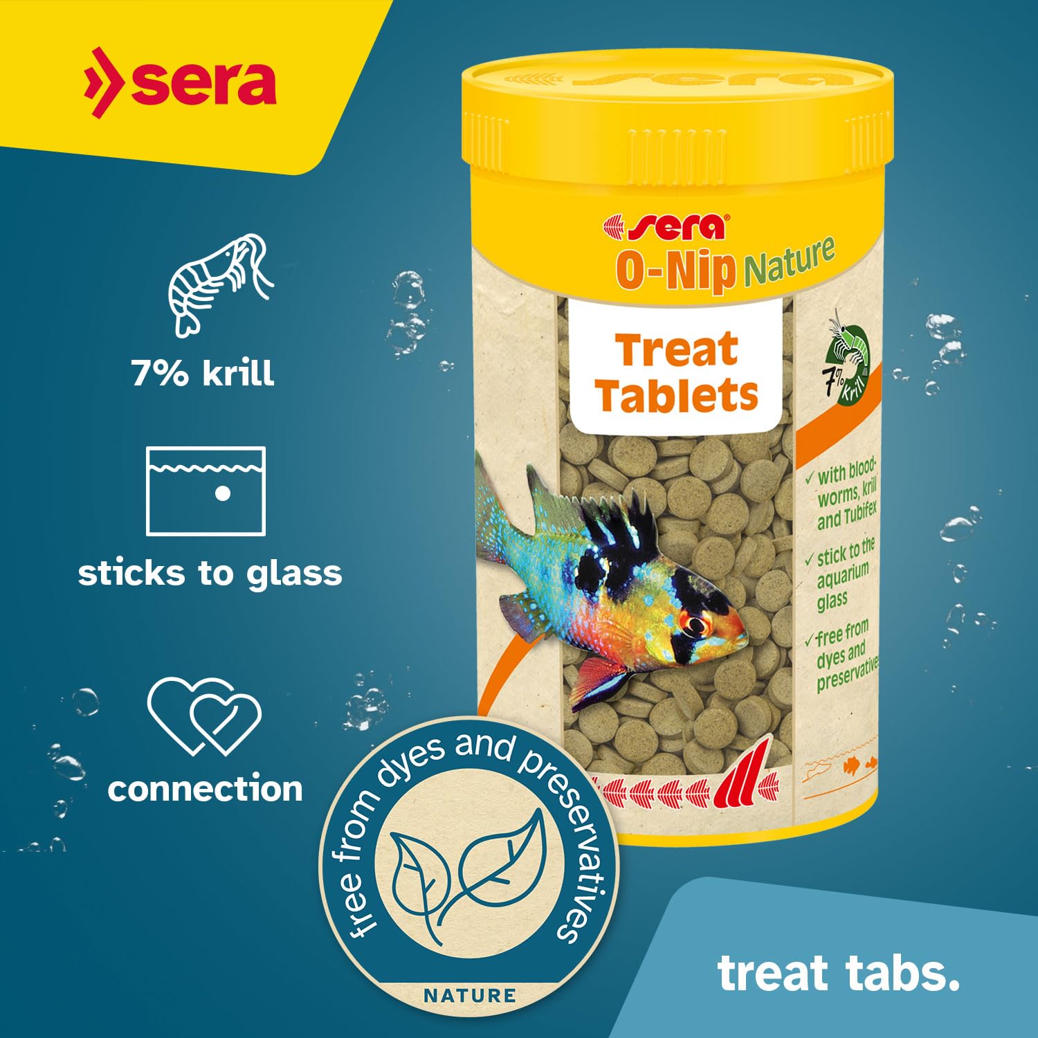 Sera O-Nip Nature 265 Tabs 8.45 oz - Complete Fish Food for All Tropical & Ornamental Fish | High Protein Sinking Pellets with Bloodworms, Krill & Tubifex | No Artificial Dyes or Preservatives | Sticks to Aquarium Glass - Perfect for Feeding Community Tanks, Goldfish, Cichlids & Bottom Feeders