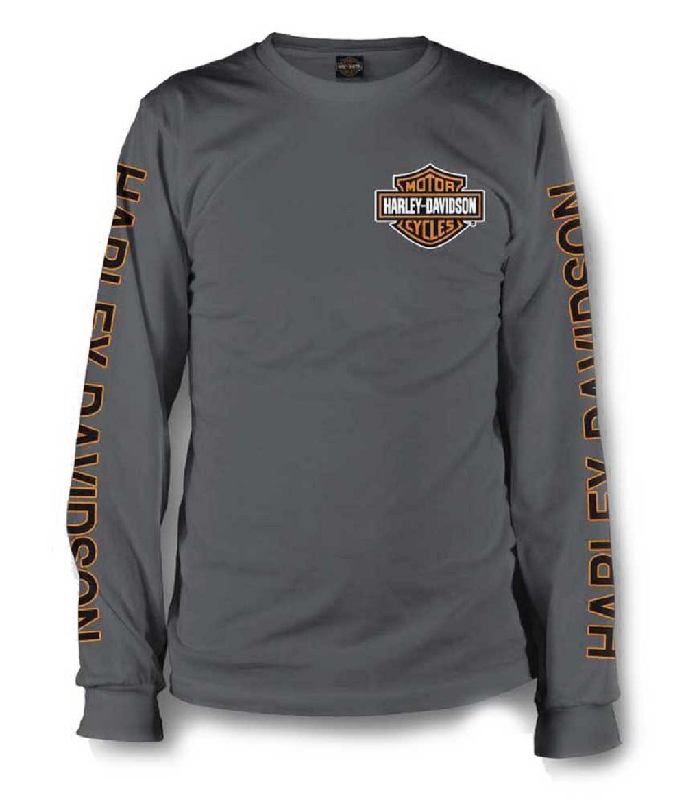 Harley-Davidson Men's Long Sleeve T-Shirt - Orange Bar & Shield Black Graphic Tee 30291744 | Casual Motorcycle Riding Shirt for Bikers & Fans