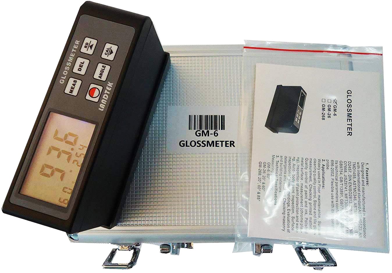 GM-6 60 Degree Gloss Meter - Professional Gloss Tester for Paints, Inks, Plastics, Ceramics & Marble with Data Memory Function - Perfect for Quality Control in Manufacturing & Surface Finish Testing