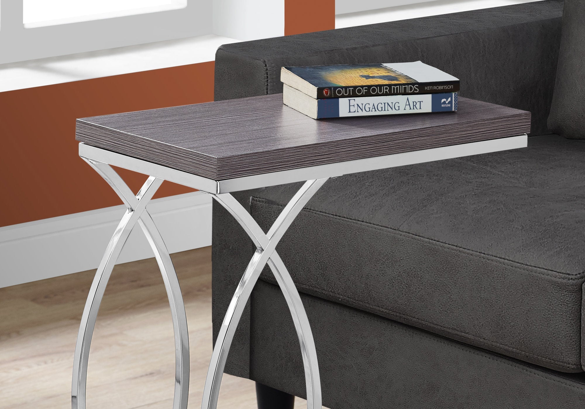 Modern Grey Accent Table with Chrome Metal Base - Perfect for Living Room, Bedroom, or Office Decor