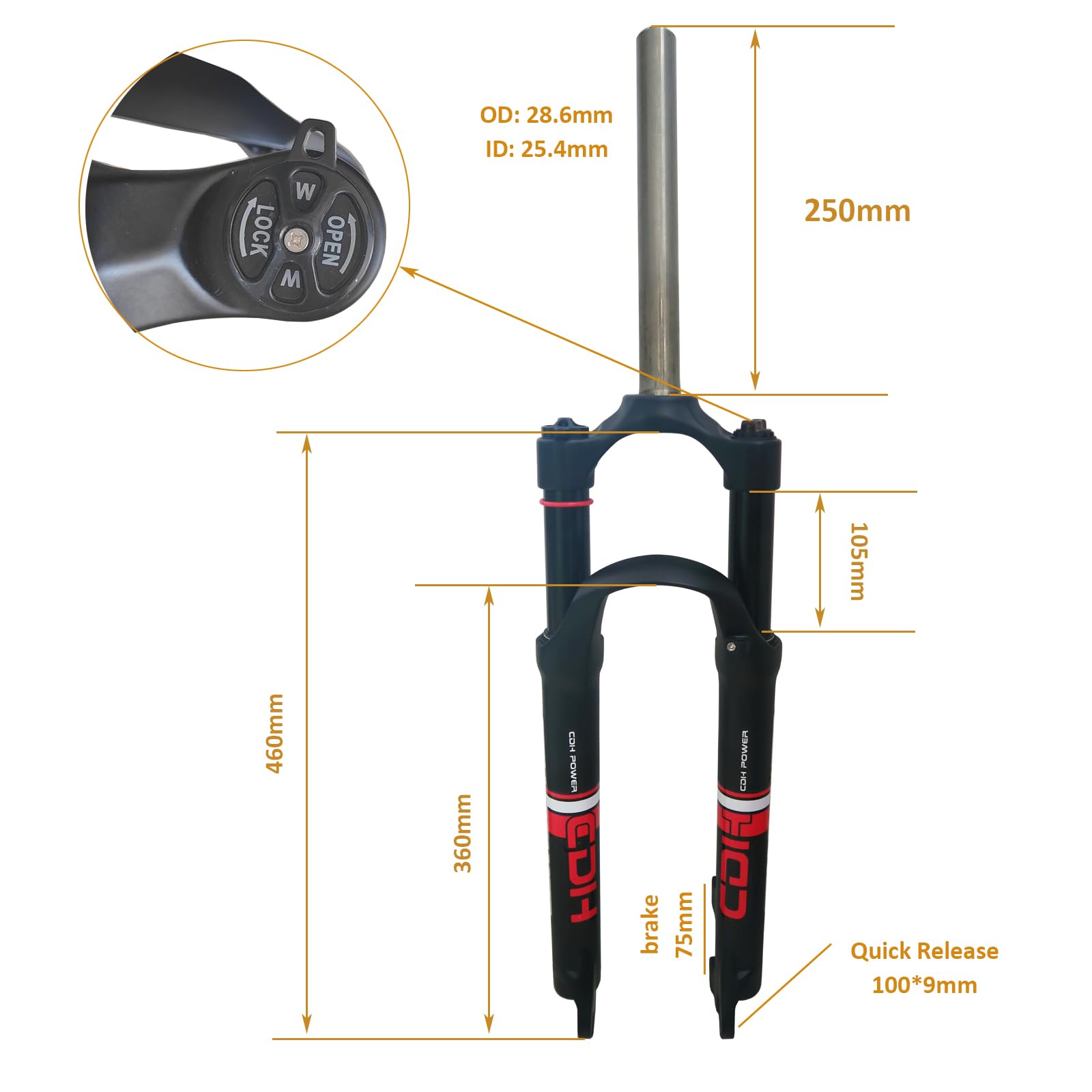 CDHPOWER 26 Inch MTB Suspension Fork - 28.6mm Straight Tube, Manual Lockout, Ultralight Aluminum Alloy, 1-1/8 Inch Headset Combo for Mountain Biking and Trail Riding