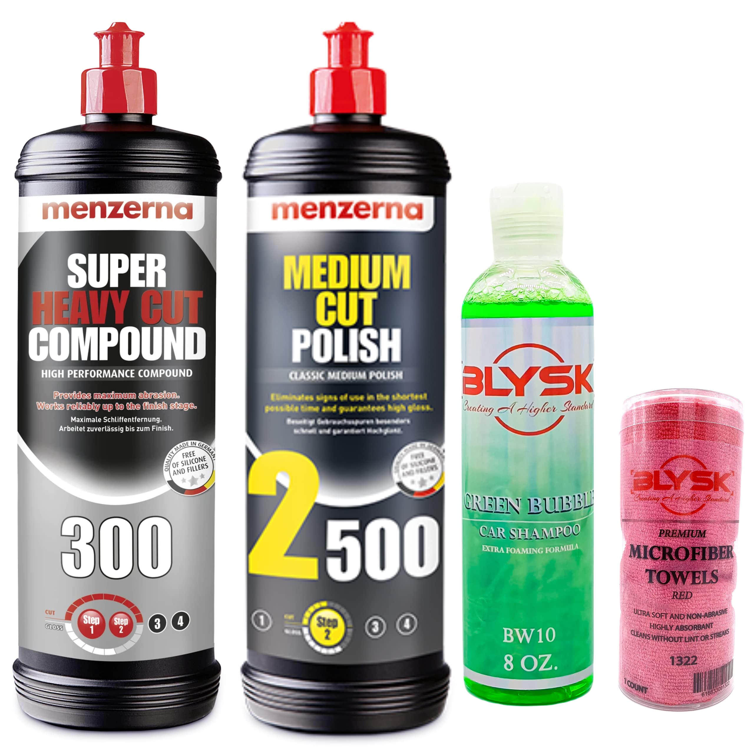 Blysk Car Detailing Bundle – Super Heavy Cut Compound 300, Medium Cut Polish 2500, Green Bubble Car Shampoo 8oz & Microfiber Towel | Professional Auto Paint Correction Kit for Scratch Removal & Show Car Finish | Perfect for DIY Detailing, Auto Body Shops & Car Enthusiasts