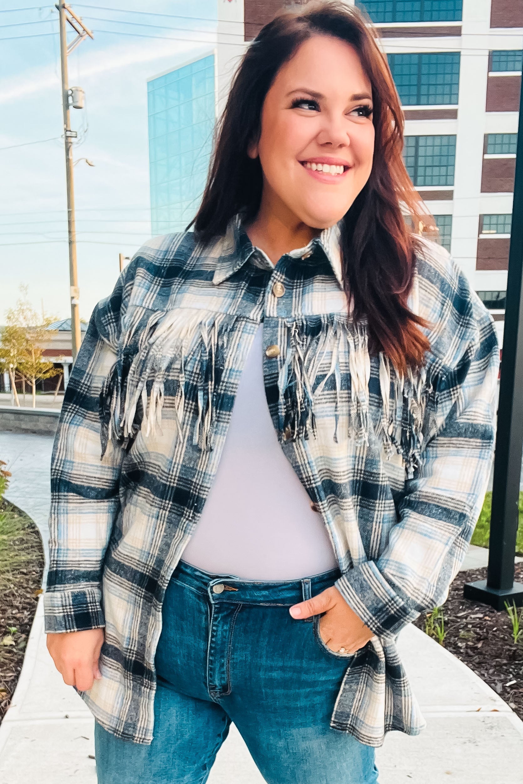 Boldly You Navy Plaid Fringe Button Down Shacket - Stylish Overshirt for Women | Fall & Winter Layering Essential | Perfect for Casual Outings, Workwear & Outdoor Adventures