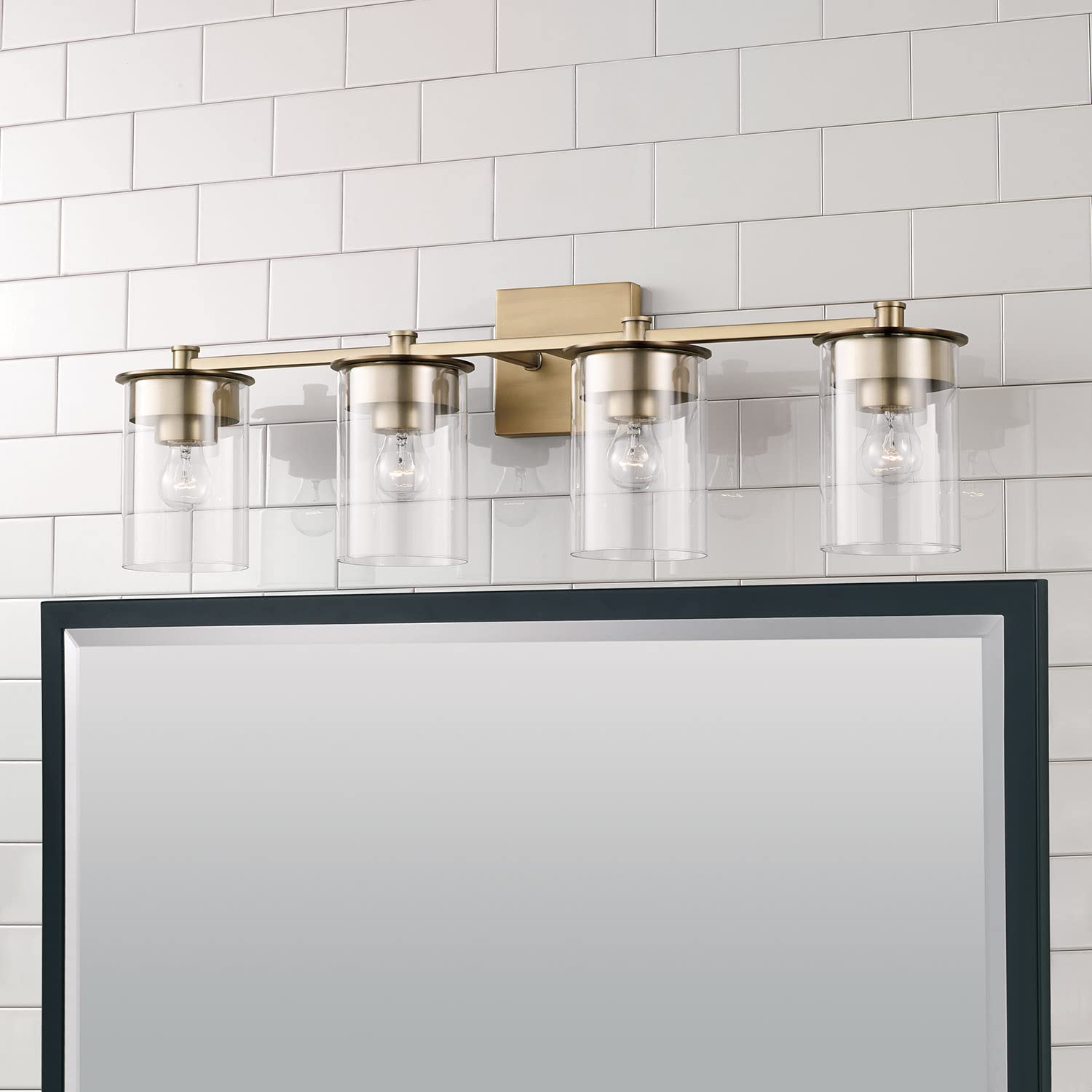 HomePlace Lighting 146841AD-532 Mason Transitional Clear Glass Cylinder Vanity Light Fixture - 4-Light Bathroom Sconce, 400W Total, Brass Finish, 9
