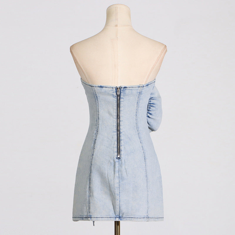 ALISON BLUE RUFFLED TRIM STRAPLESS DENIM MINI DRESS - Women's Fashion Summer Outfit for Beach, Party & Date Night