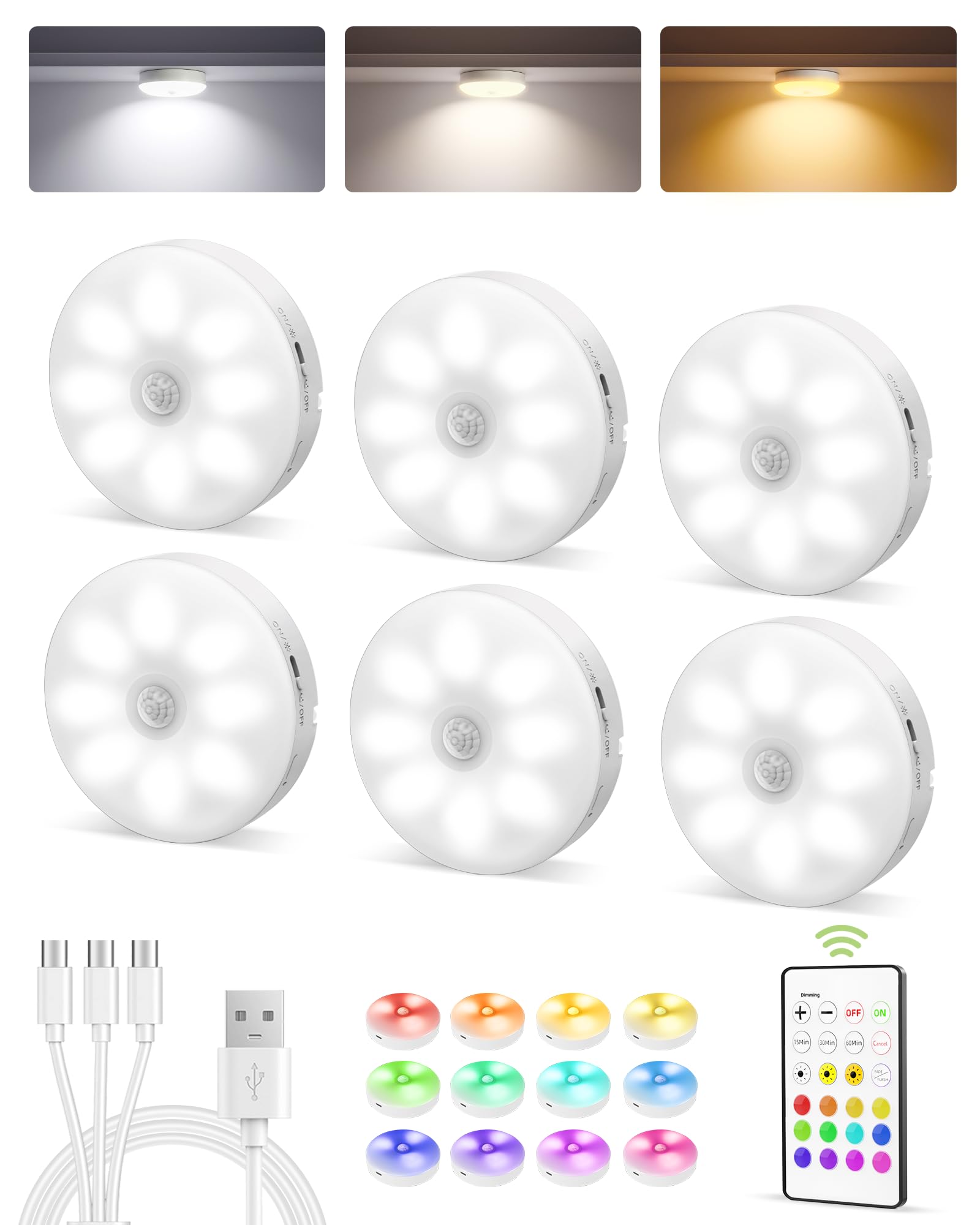 EZVALO Rechargeable Under Cabinet Lighting with Motion Sensor & Remote - 3 Color Temperatures & 12 RGB LED Puck Lights - Dimmable Magnetic Battery-Operated LED Lights for Kitchen Counter (6 Pack) - Perfect for Pantry, Closet & Night Light Use
