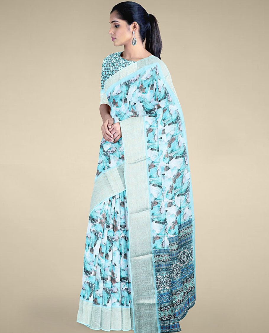 Blue Abstract Printed Semi Banaras Dola Saree with Contrast Border & Intricate Pallu Design | Elegant Indian Ethnic Wear for Weddings & Festivals