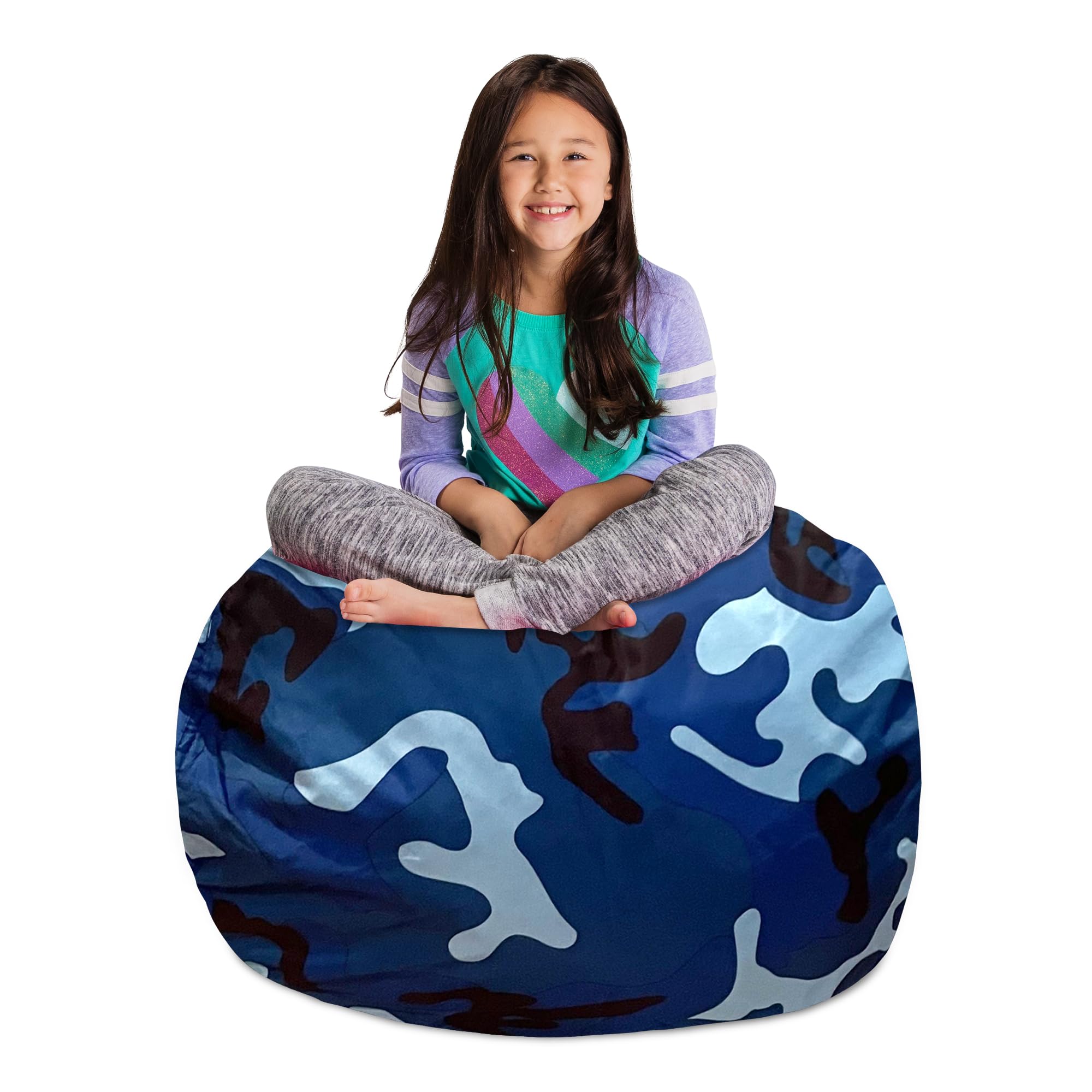 Posh Creations Kids Stuffed Animal Storage Bean Bag Chair Cover - Large 38 Inch Toy Organizer for Children, Durable Nylon in Camo Blue & Light Blue - Perfect for Playroom, Bedroom & Daycare Organization