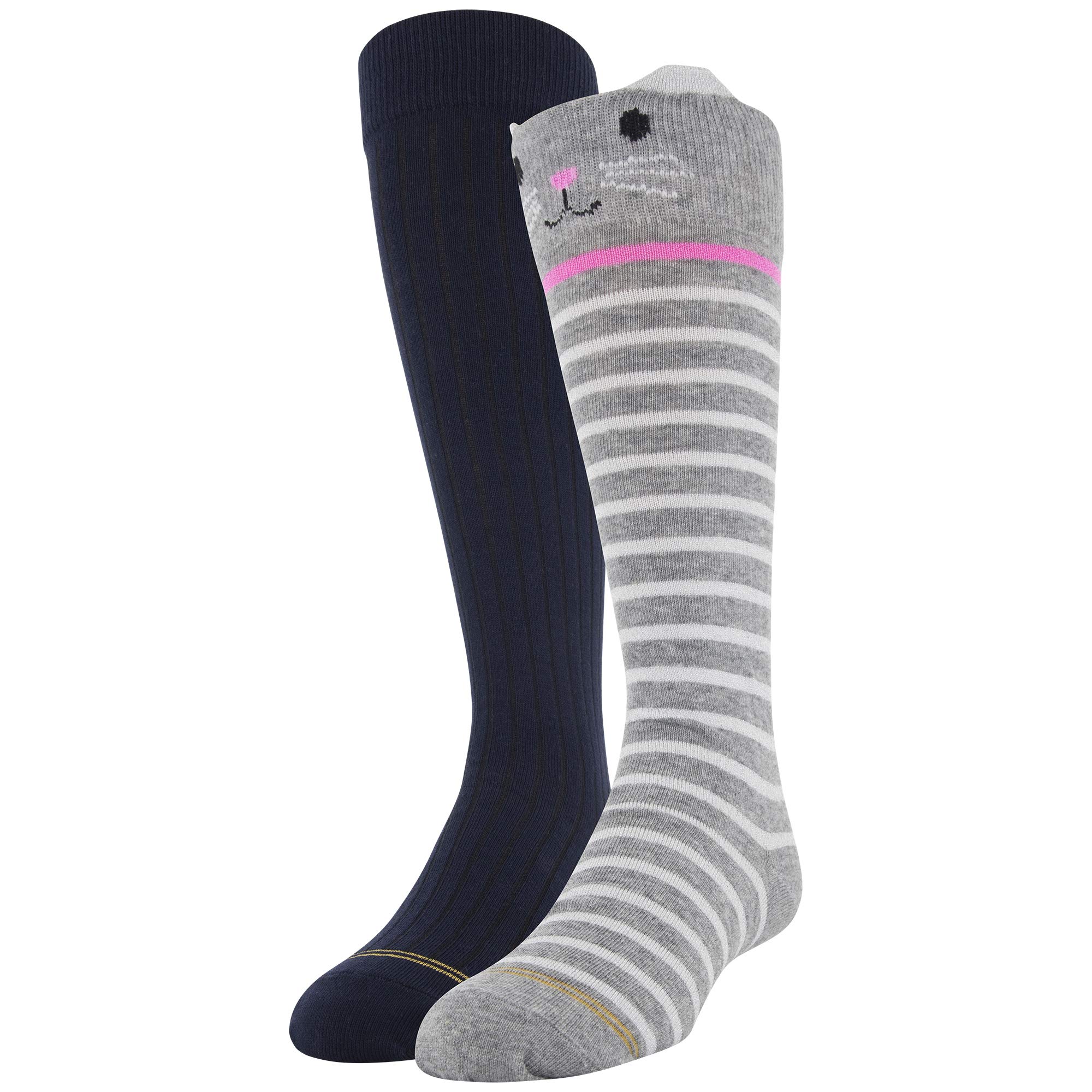 GOLDTOE Girls' Favorite Pets Kitty Knee High Socks 2-Pack - Cute Cat Pattern Crew Socks for School, Cosplay & Everyday Wear