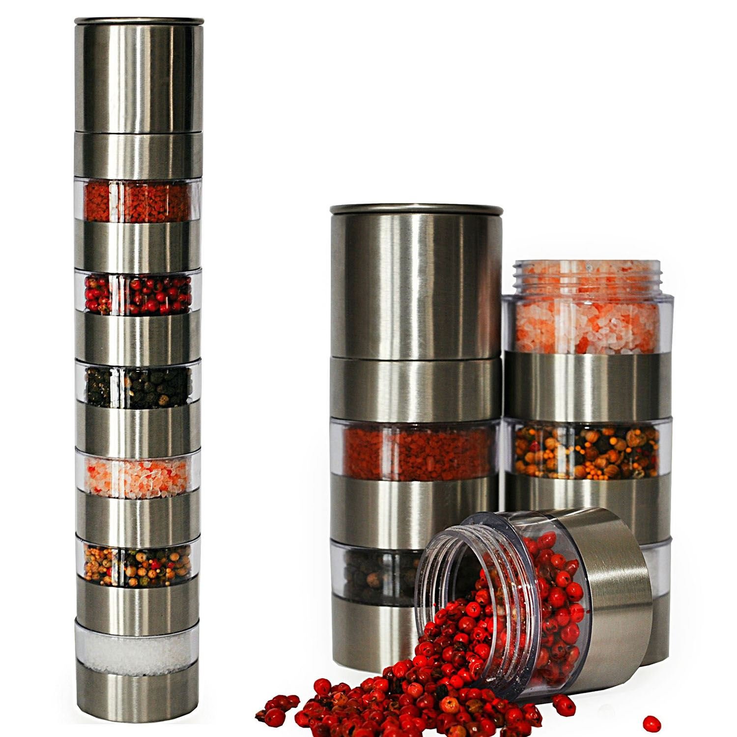 Premium Stainless Steel Spice Grinder Set - 6 Jars with Adjustable Ceramic Grinder for Salt, Pepper, Peppercorns & Spices - Clear Acrylic Body & Easy-Fill Design - Perfect for Kitchen, Dining Table & Gourmet Cooking