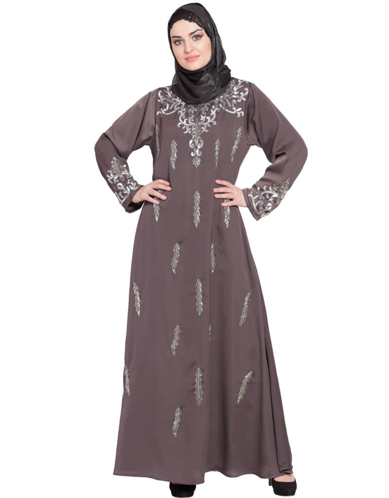 Elegant Arabic Full Hand Embellished A-Line Nida Abaya in Brown - Perfect for Islamic Prayer, Eid Celebrations & Modest Fashion