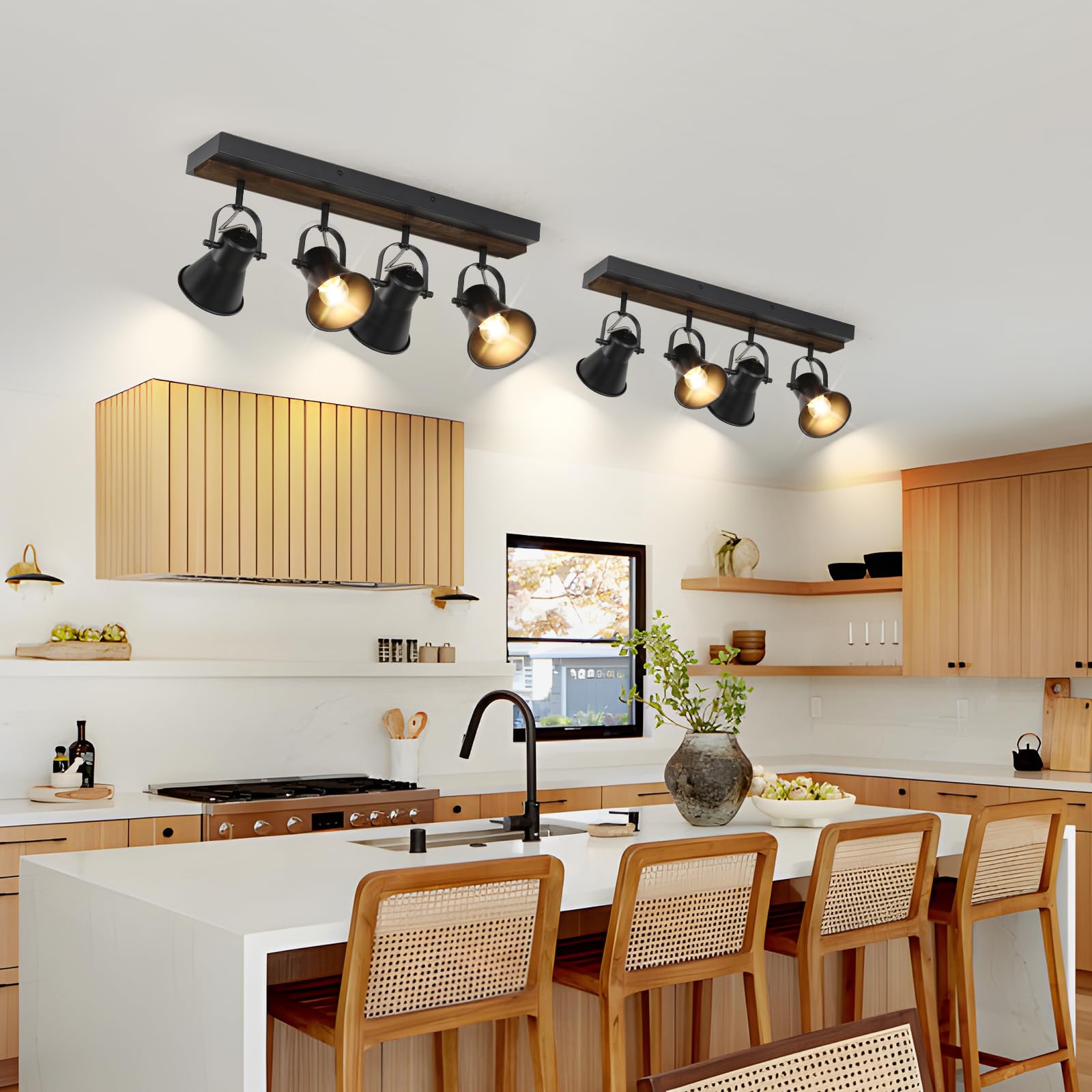 KEESFU 4-Light Dimmable Track Lighting Kit with Remote Control - Adjustable Black Ceiling Lights for Kitchen, Dining Room, Hallway & Bathroom - Modern Farmhouse Style Rotatable Fixtures (Bulbs Included) - Perfect for Ambient Lighting and Task Illumination