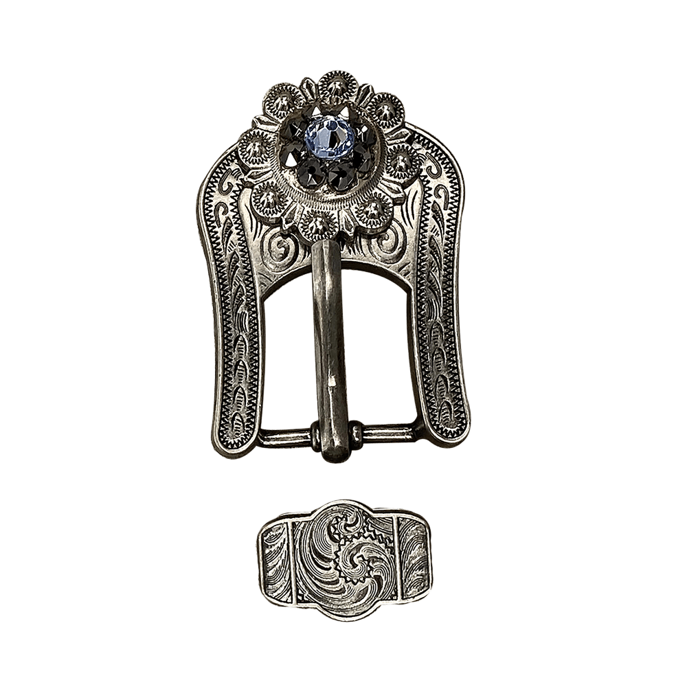 Light Sapphire & Jet Antique Silver Buckle Keeper European Crystal Concho - Elegant Western Jewelry for Belt, Hat & Boot Decorations
