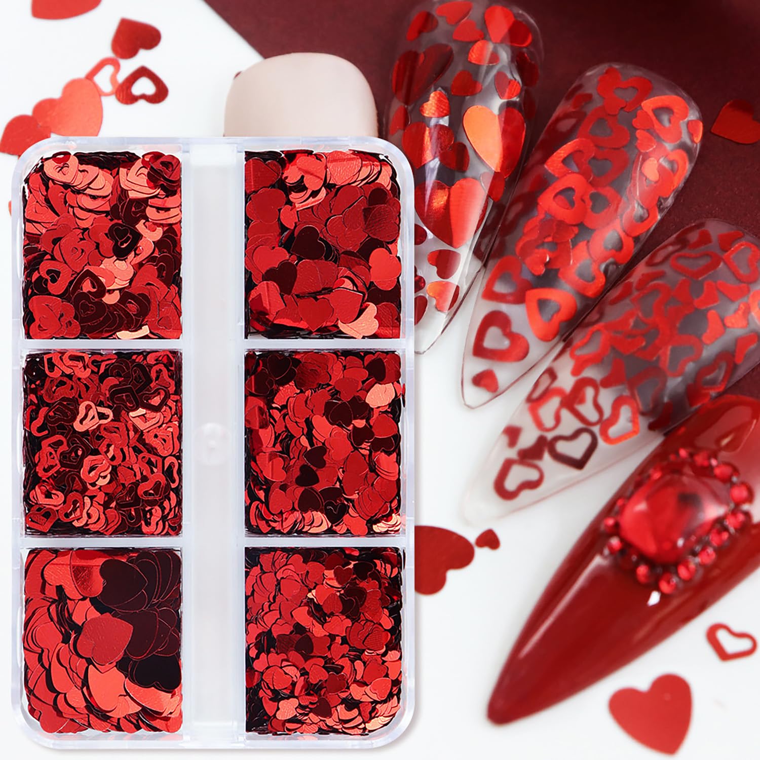 Valentine's Day Nail Art Sequins - 6 Grid Heart Shaped 3D Nail Glitter Flakes, Holographic Laser Nail Design for Women & Girls - Perfect for Valentine's Day Nails, Party Manicures, and Special Occasion Nail Decorations