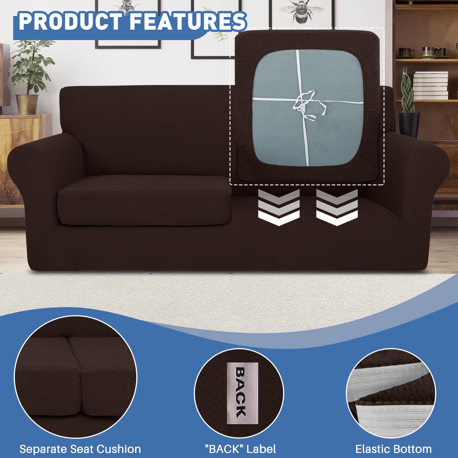 JIVINER 3-Piece Stretch Sofa Slipcover Set for 2-Cushion Loveseat - Includes 2 Extra Large Seat Covers (Dark Coffee) - Thick Fitted Couch Protector for Living Room, Home Decor & Pet-Friendly Furniture Protection