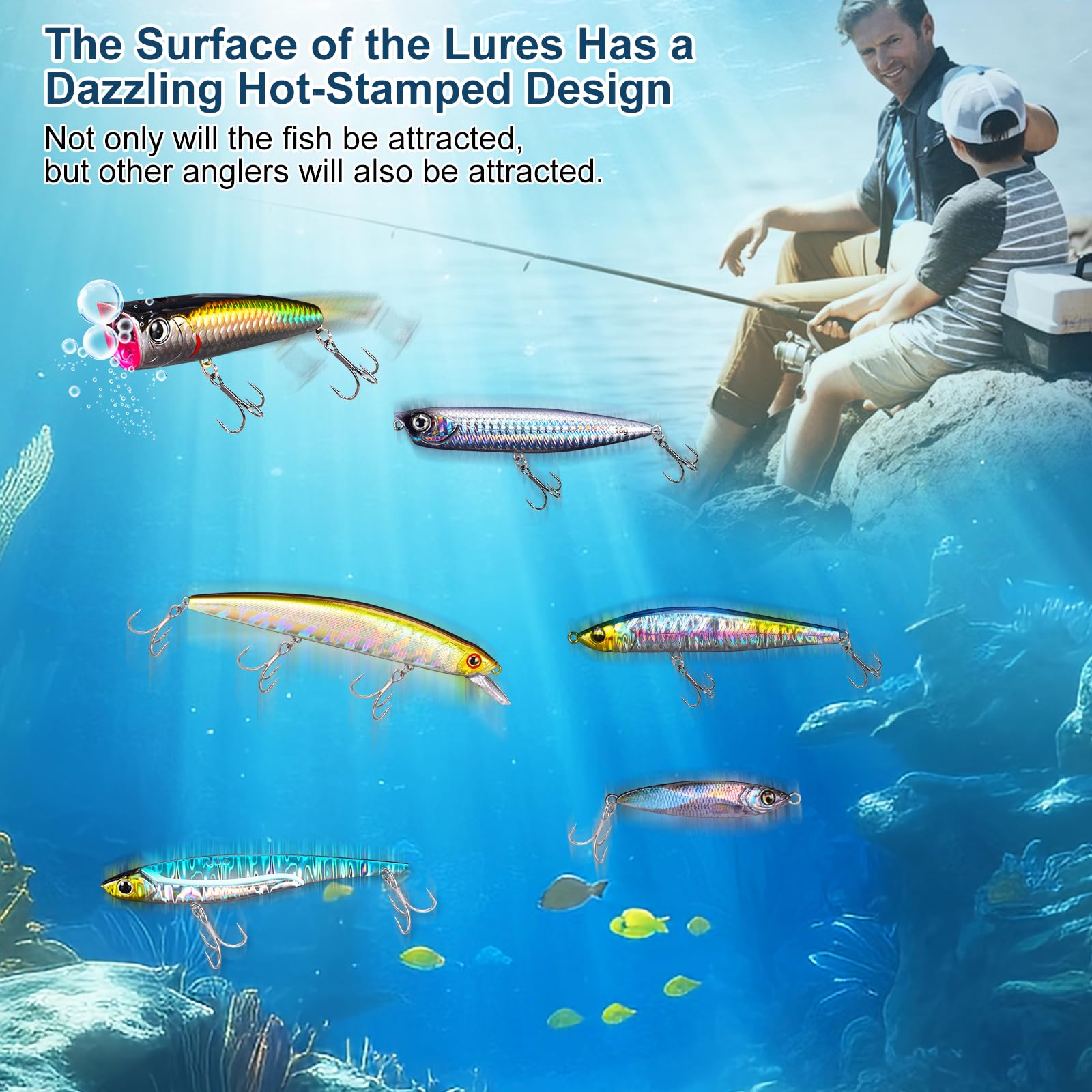 GULULUT Premium Freshwater & Saltwater Fishing Lures Set - Popper, Minnow, VIB Baits for All Water Depths | Ideal Fishing Gear for Men & Perfect Gift for Dad | Great for Bass, Trout & Saltwater Fishing Trips