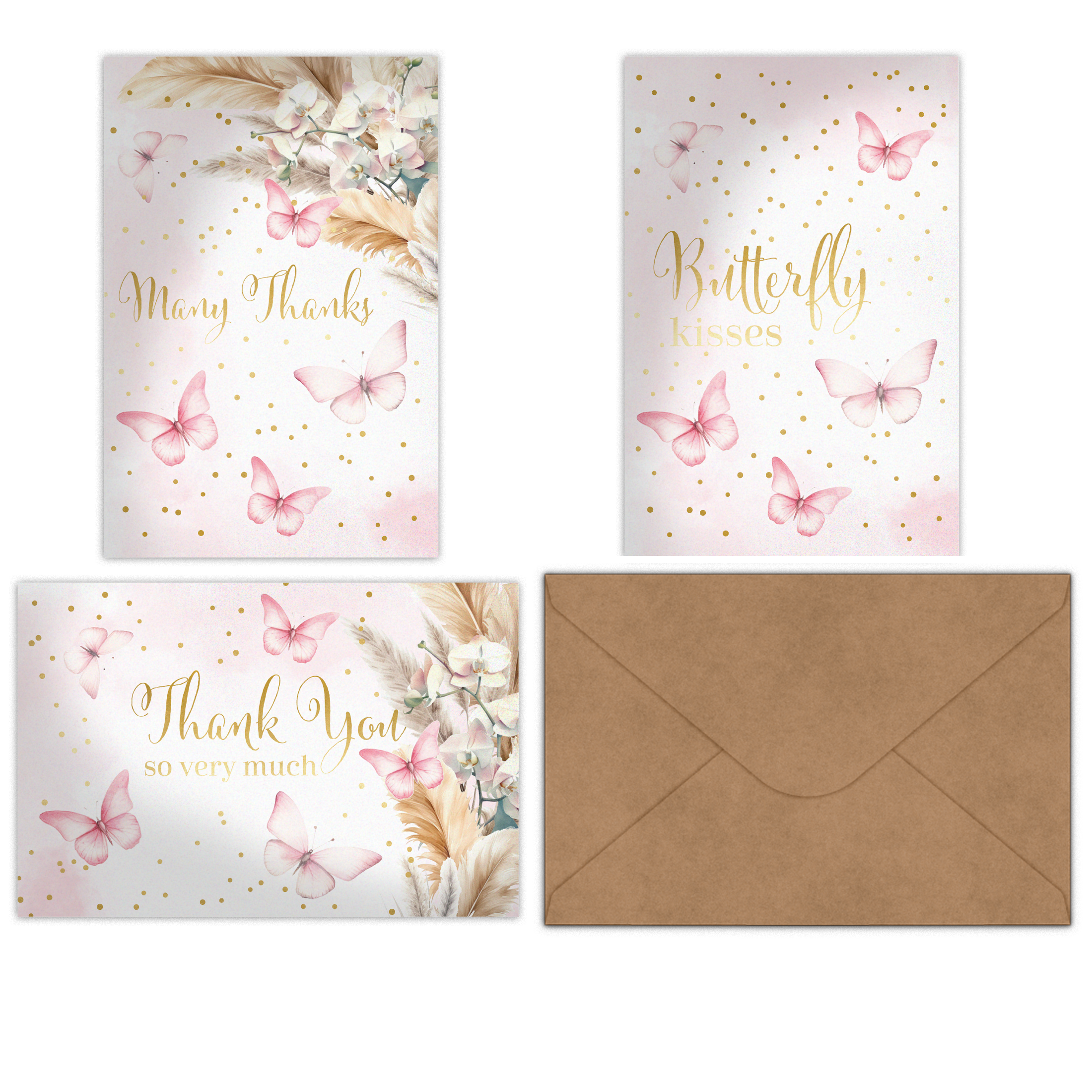Butterfly Thank You Cards with Envelopes - Elegant Floral Greeting Cards for Weddings, Baby Showers & Appreciation Gifts - Set of 20 Blank Note Cards