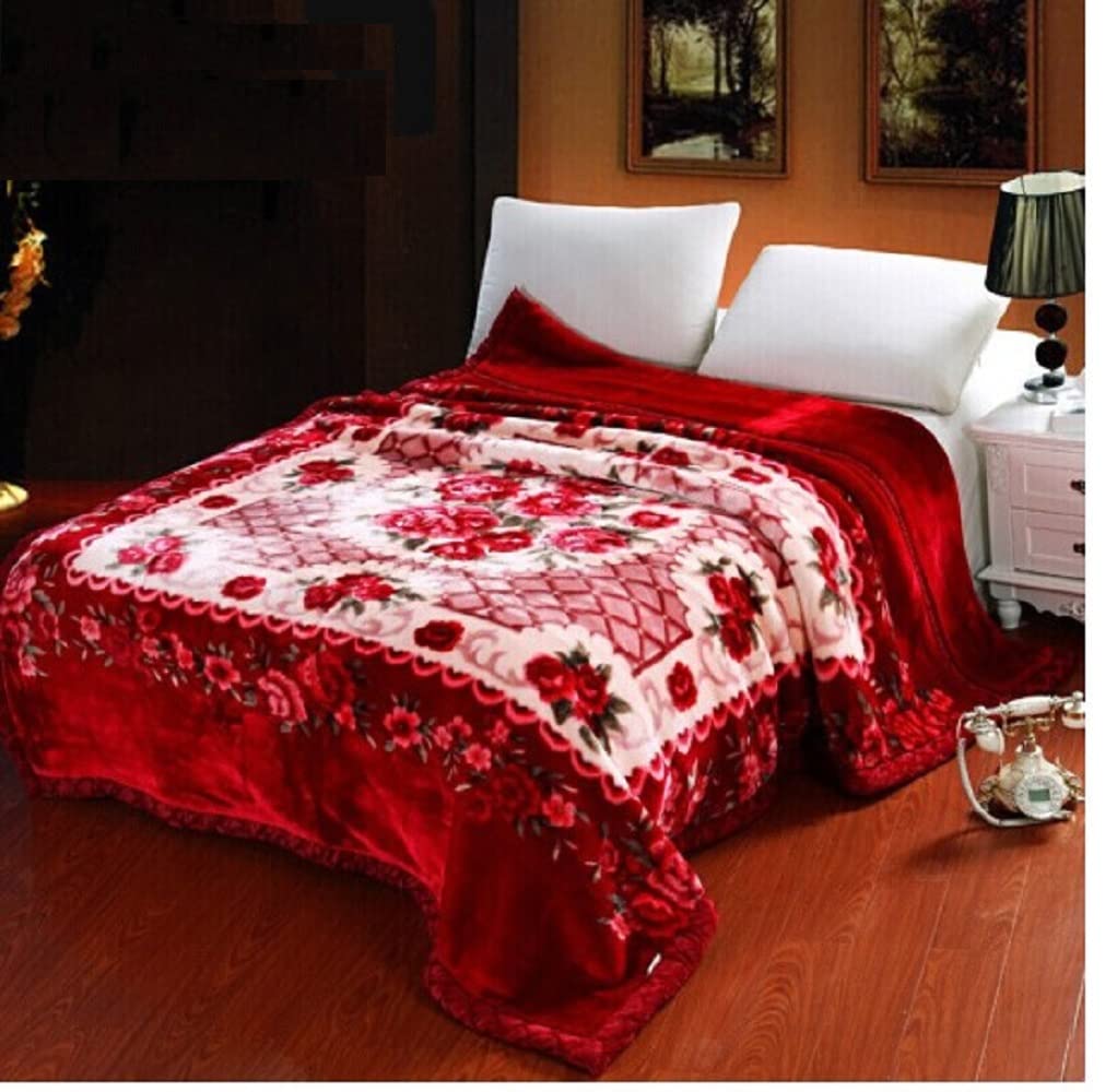 Korean Style Heavy Fleece Blanket King Size - Ultra Soft & Warm 2-Ply Reversible Raschel Bed Blanket for Winter (Rich Burgundy Floral Design) | Perfect for Cozy Nights, Guest Rooms & Cold Weather Comfort